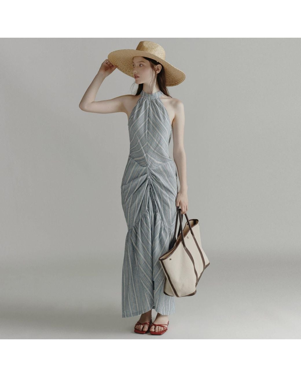 Belsize25 Blue Striped Halterneck Ruched Maxi Dress