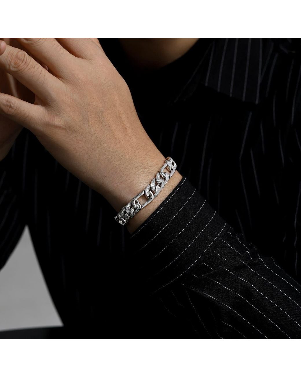 Genevive Jewelry Metallic Genevive Sterling Plated With Iced Out Cubic Zirconia Oblong Curb Chain Bracelet