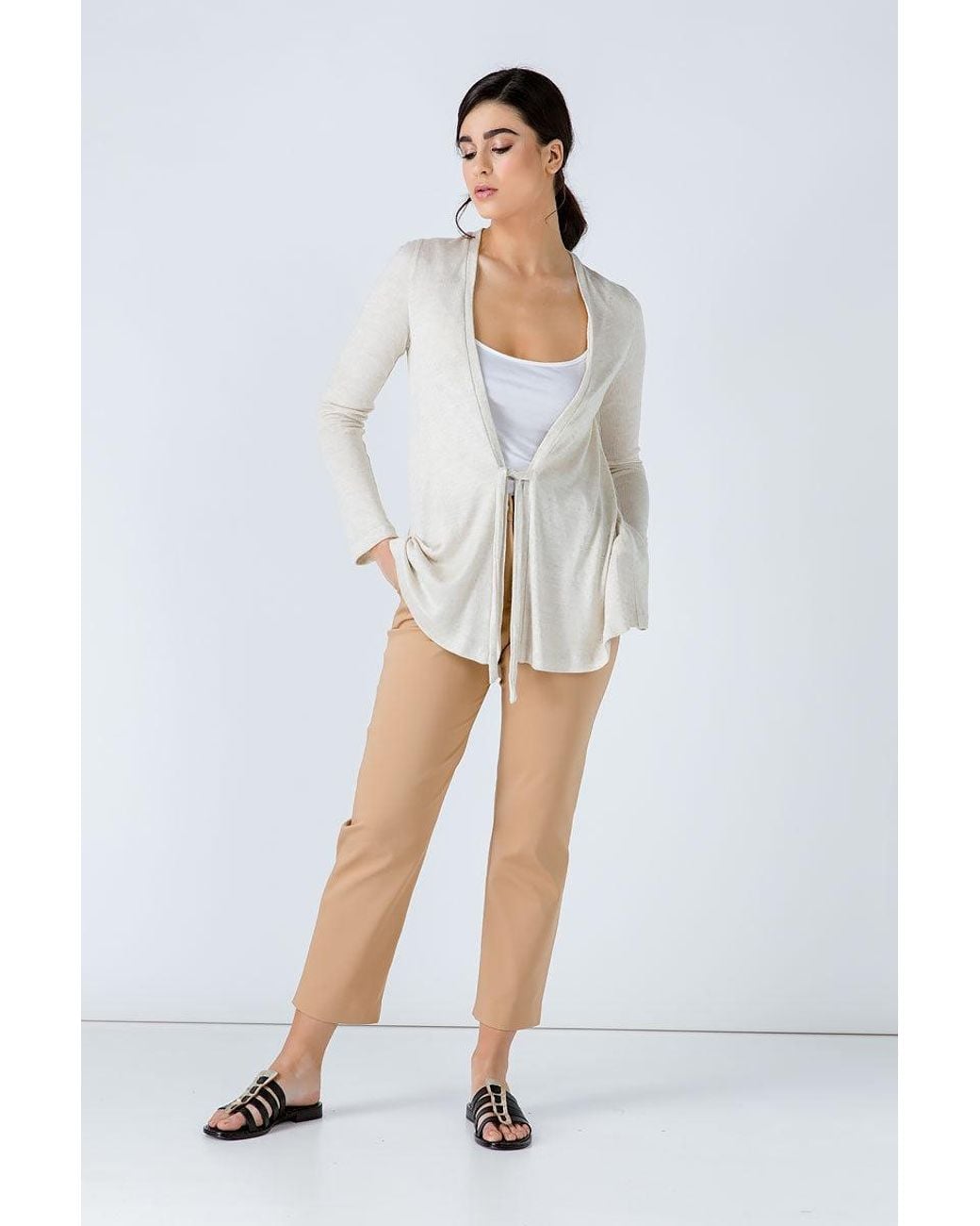 Conquista White Neutrals Sand Open Front Linen Cardigan
