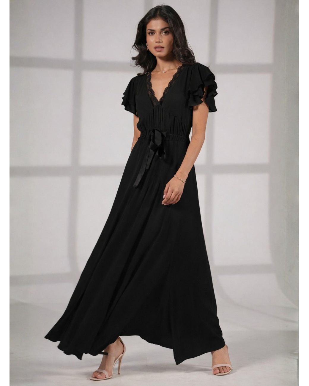 Rose & Nancy Black Chloe Lace Detail Tie Waist Maxi Dress