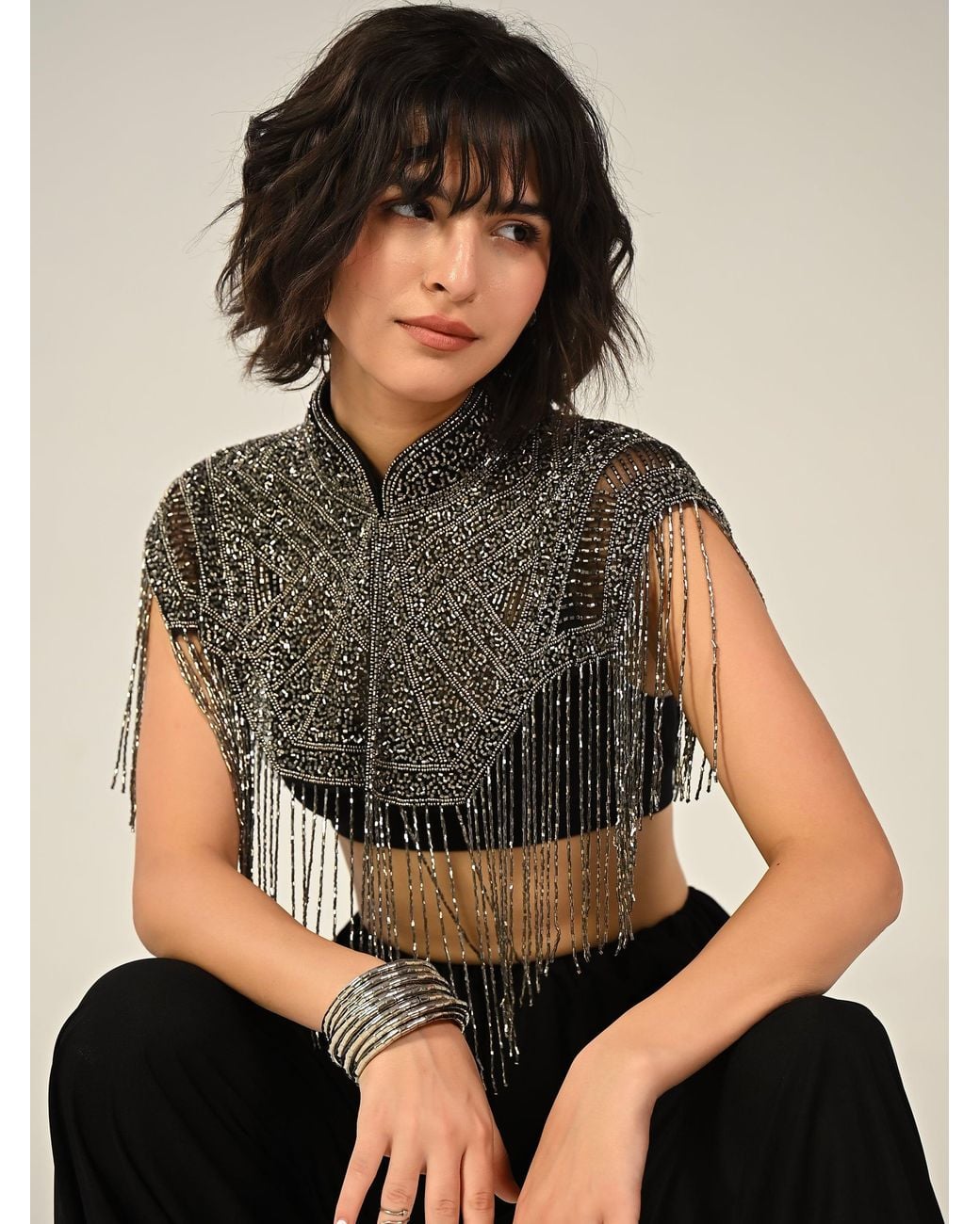 Rose & Nancy Black Bonnie Hand Embellished Fringe Cape Top