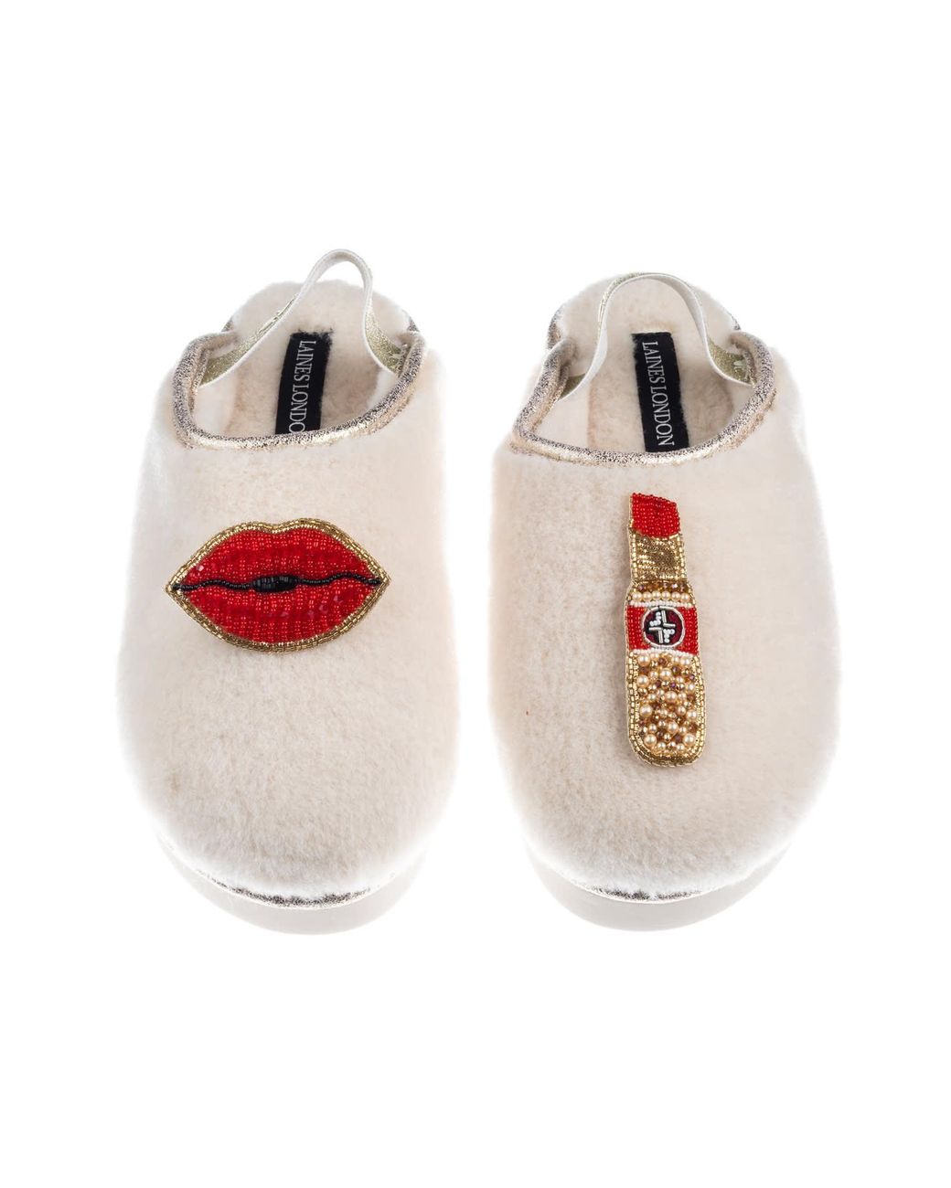 Laines London Multicolor Neutrals Flatform Cloud Closed Toe Slippers With Lips & Lipstick Brooches
