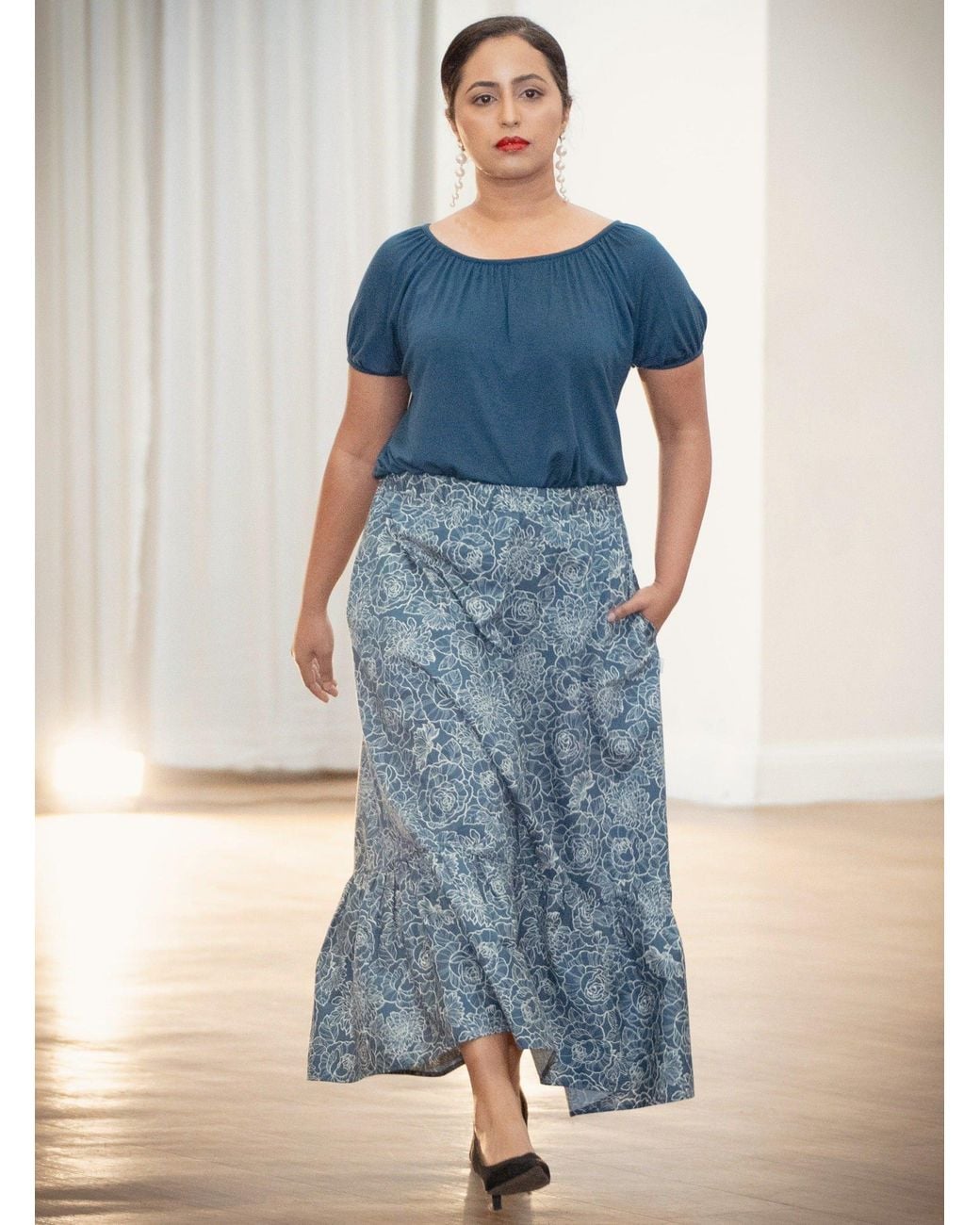Frock Tales Blue Boho Gathered Midi Skirt With Pockets