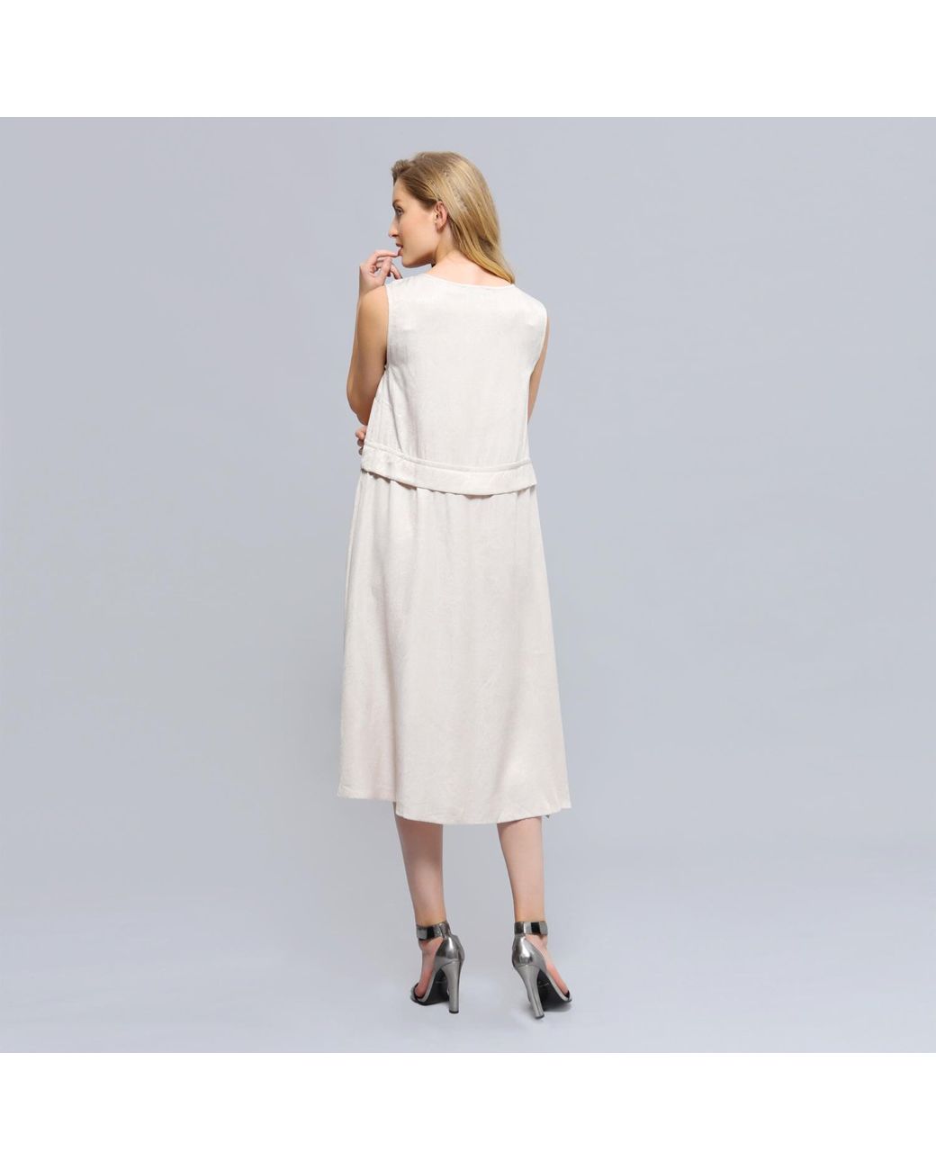 Smart and Joy Natural V-Neckline Adjustable Waist Midi Dress
