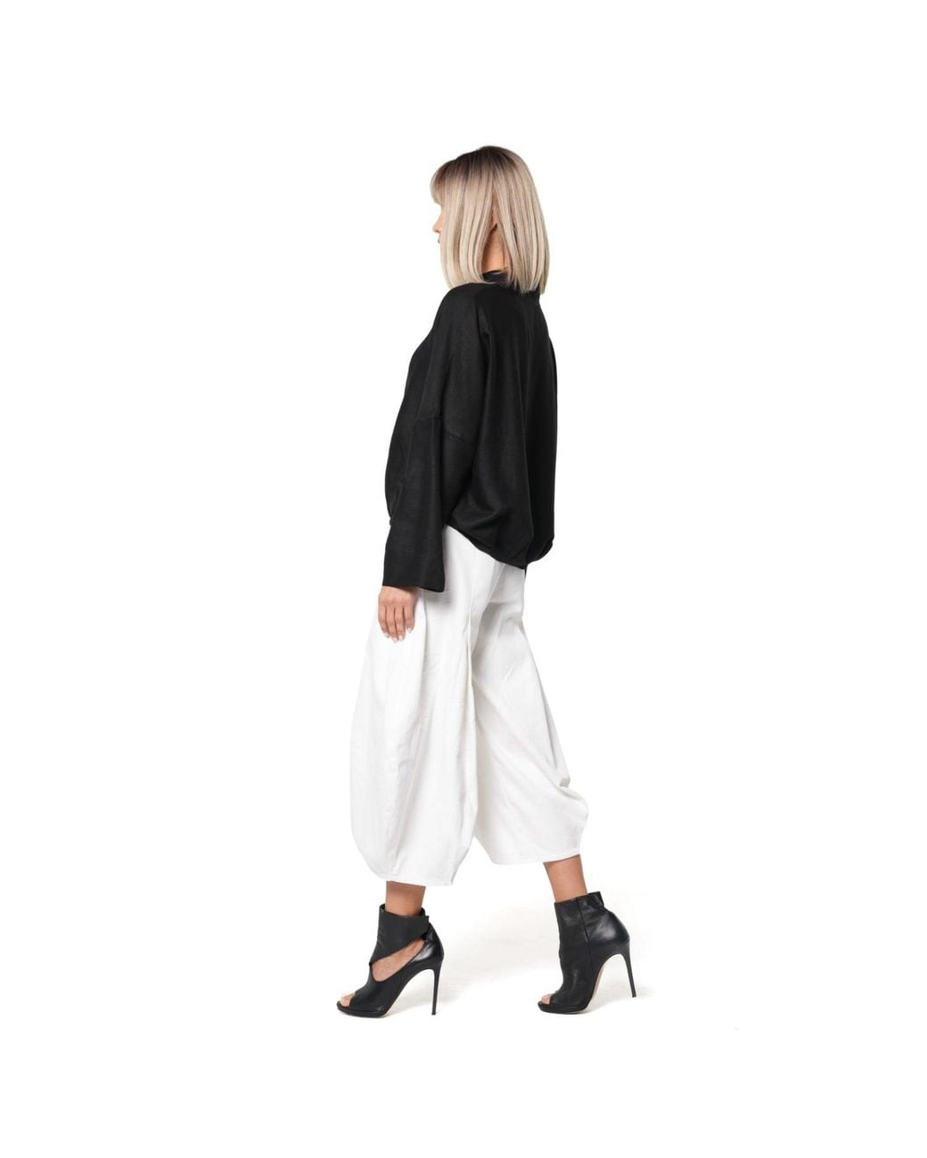 Metamorph Black Oversized Blouse With Stand Collar And Gathered Hem