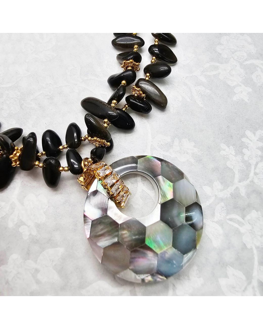 Farra Black Obsidian With Shell Pendant Classical Necklace
