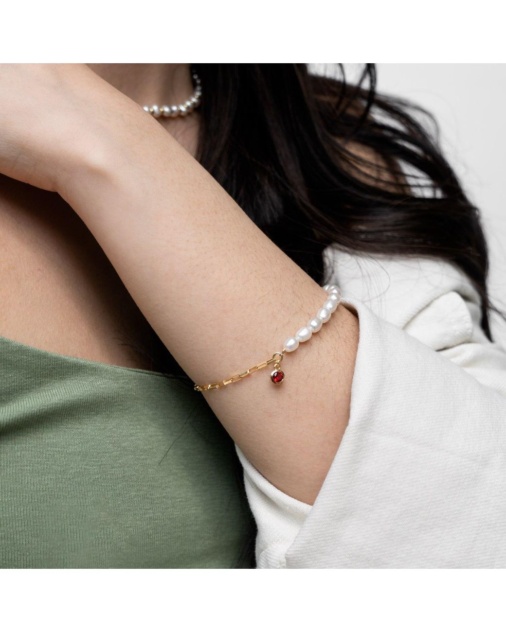 Dower & Hall White Luna Pearl & Garnet Charm Bracelet