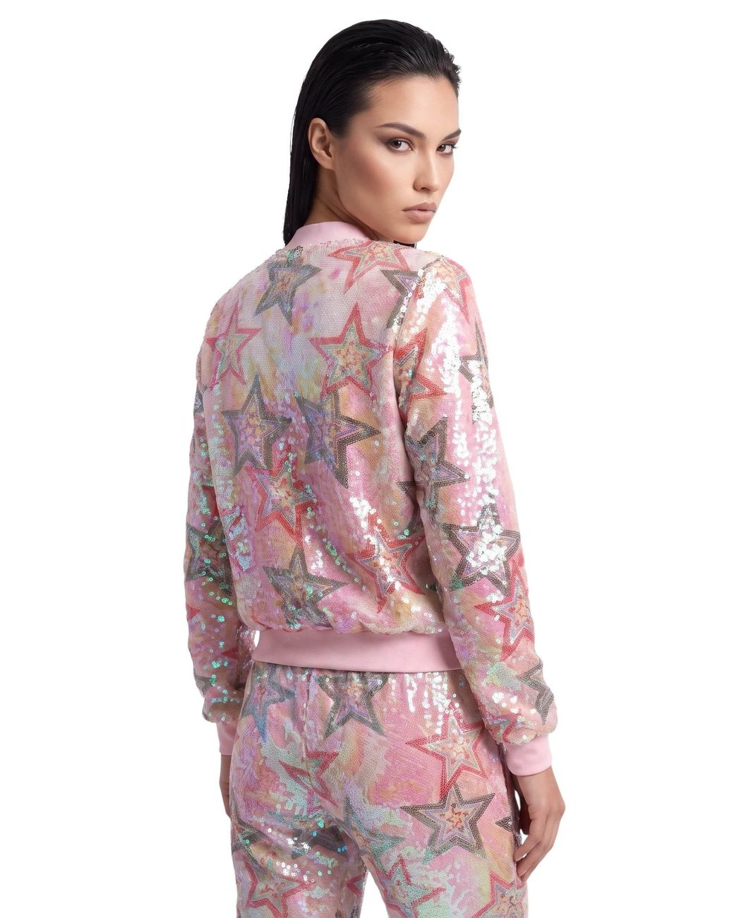Any Old Iron Multicolor Iridescent Star Sequin Bomber Jacket