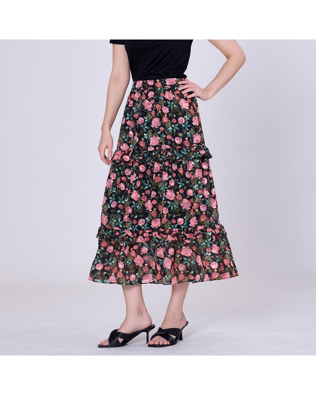 Smart and Joy Black Flower Print Tiered Ruffles Midi Skirt