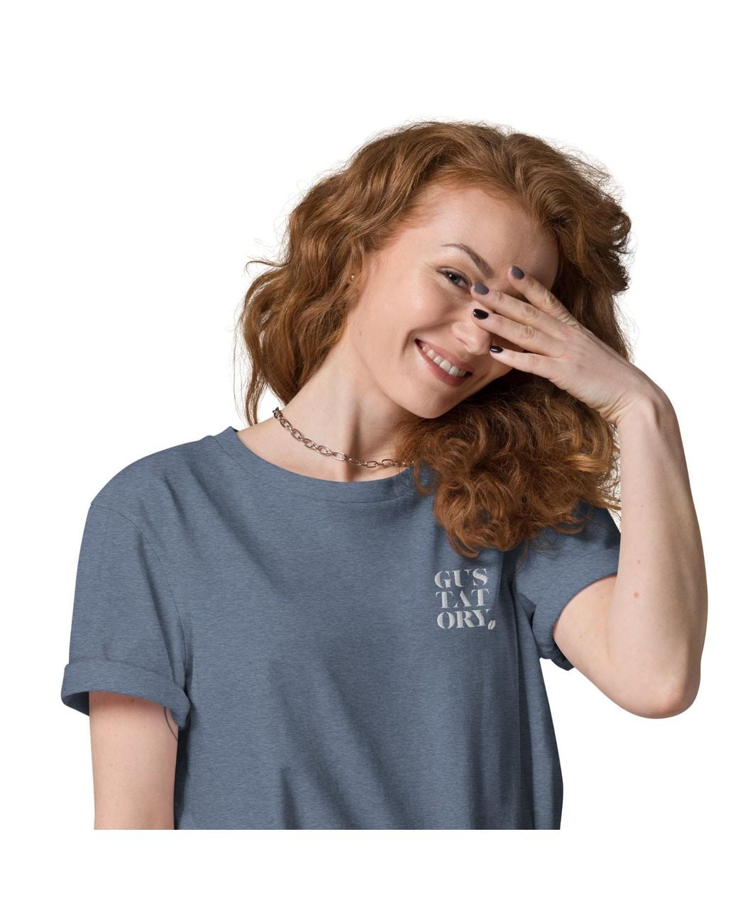 Anchor and Crew Blue Heather Gustatory New York Coffee Scene Organic Cotton Embroidered T-Shirt
