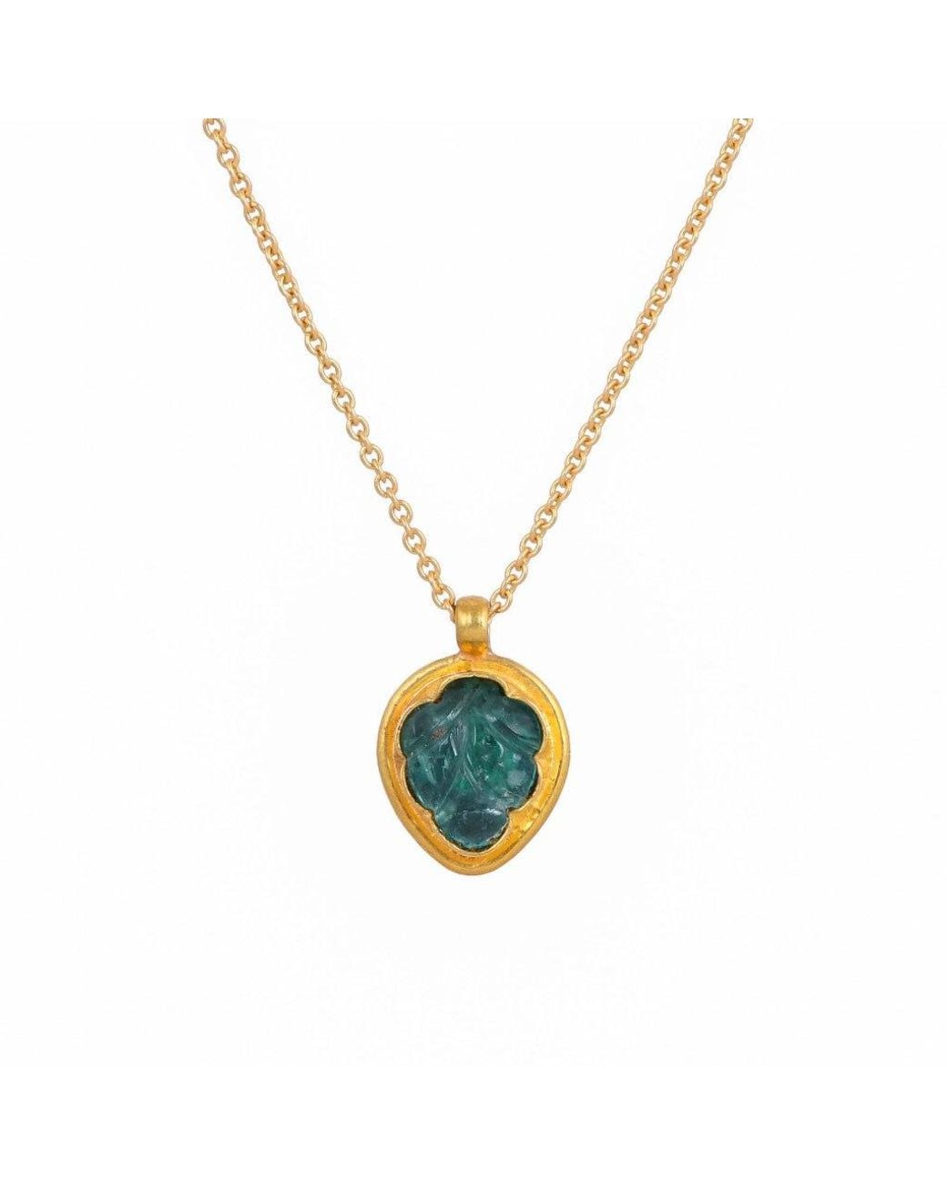 Opium Jewels Metallic Hand Carved Eighteen Carat Emerald Pendant On Eighteen Carat Fine Chain