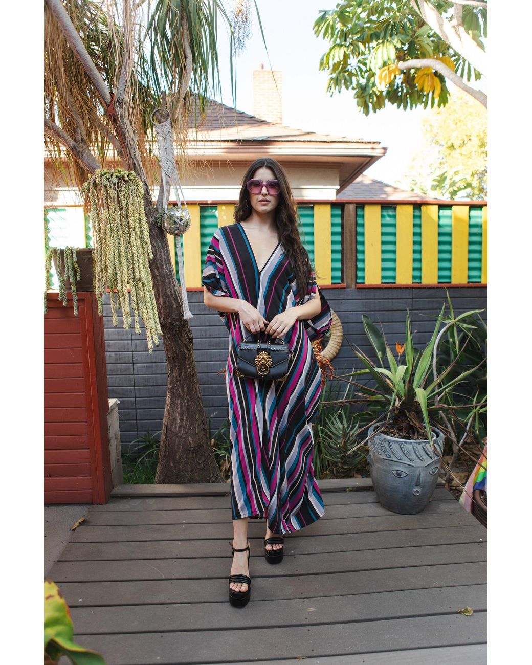 Jennafer Grace Black Raspberry Stripe Caftan Kaftan Dress