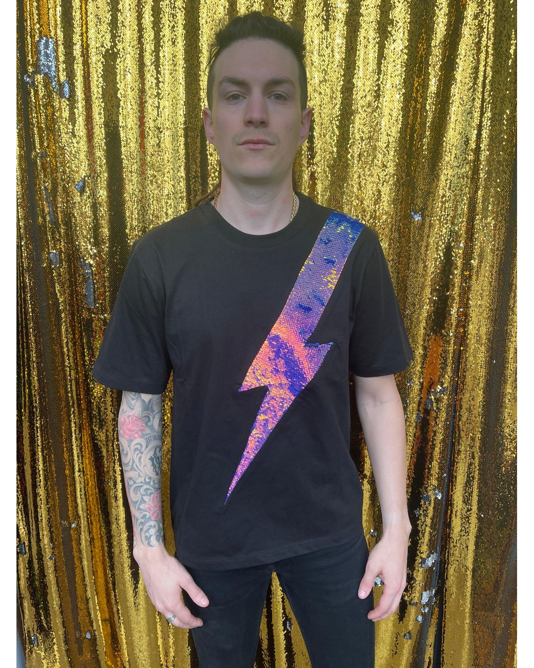 Any Old Iron Blue Iridescent Oil Slick Sequin Lightning T-Shirt for men