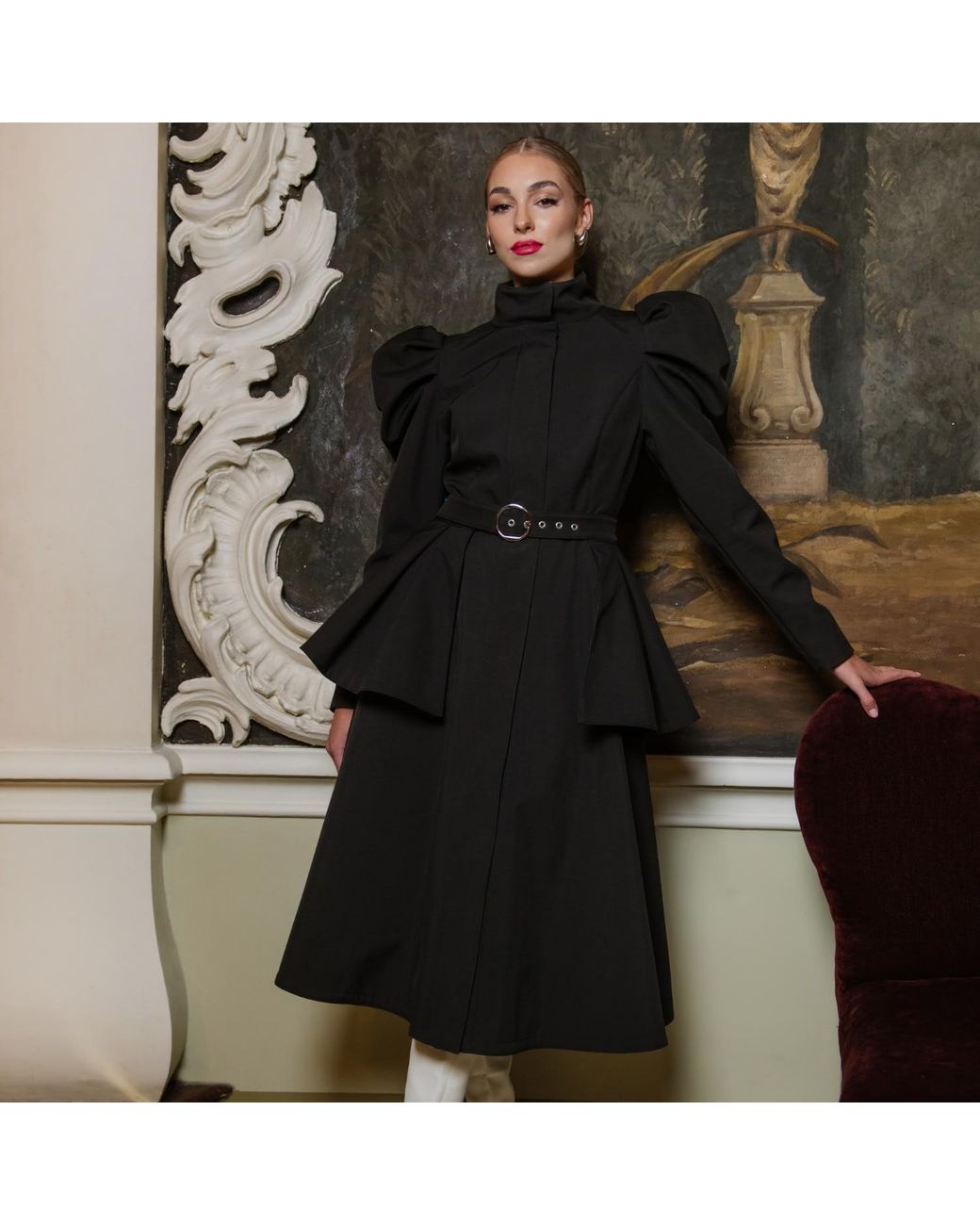 RainSisters Black Coat With Balloon-Styled Sleeves: Majestic Night