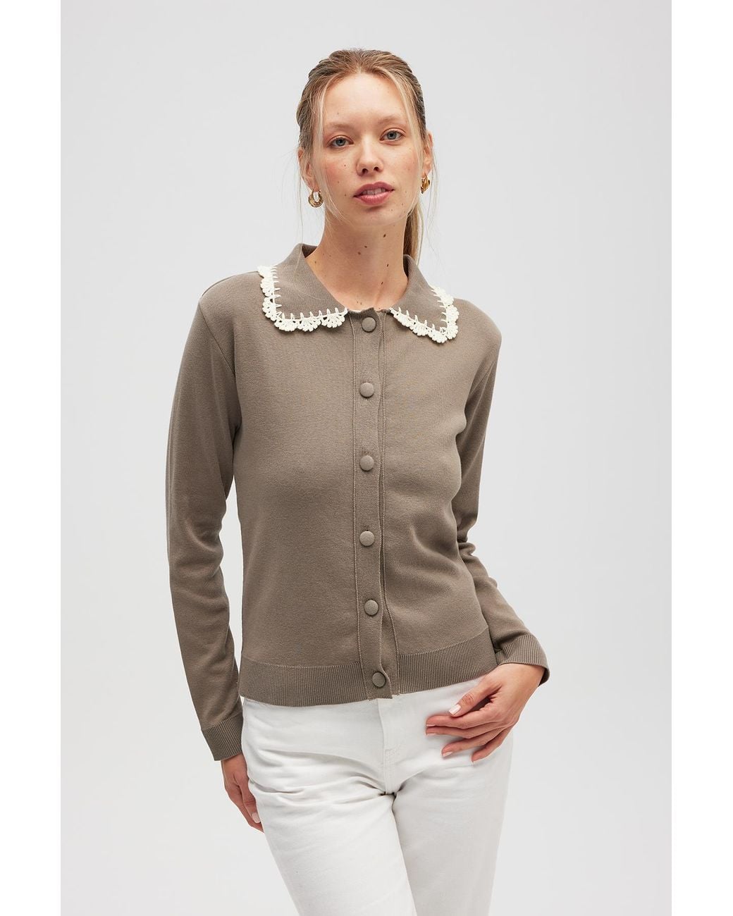 Peraluna Natural Laila Flat Knit Polo-Neck Cardigan