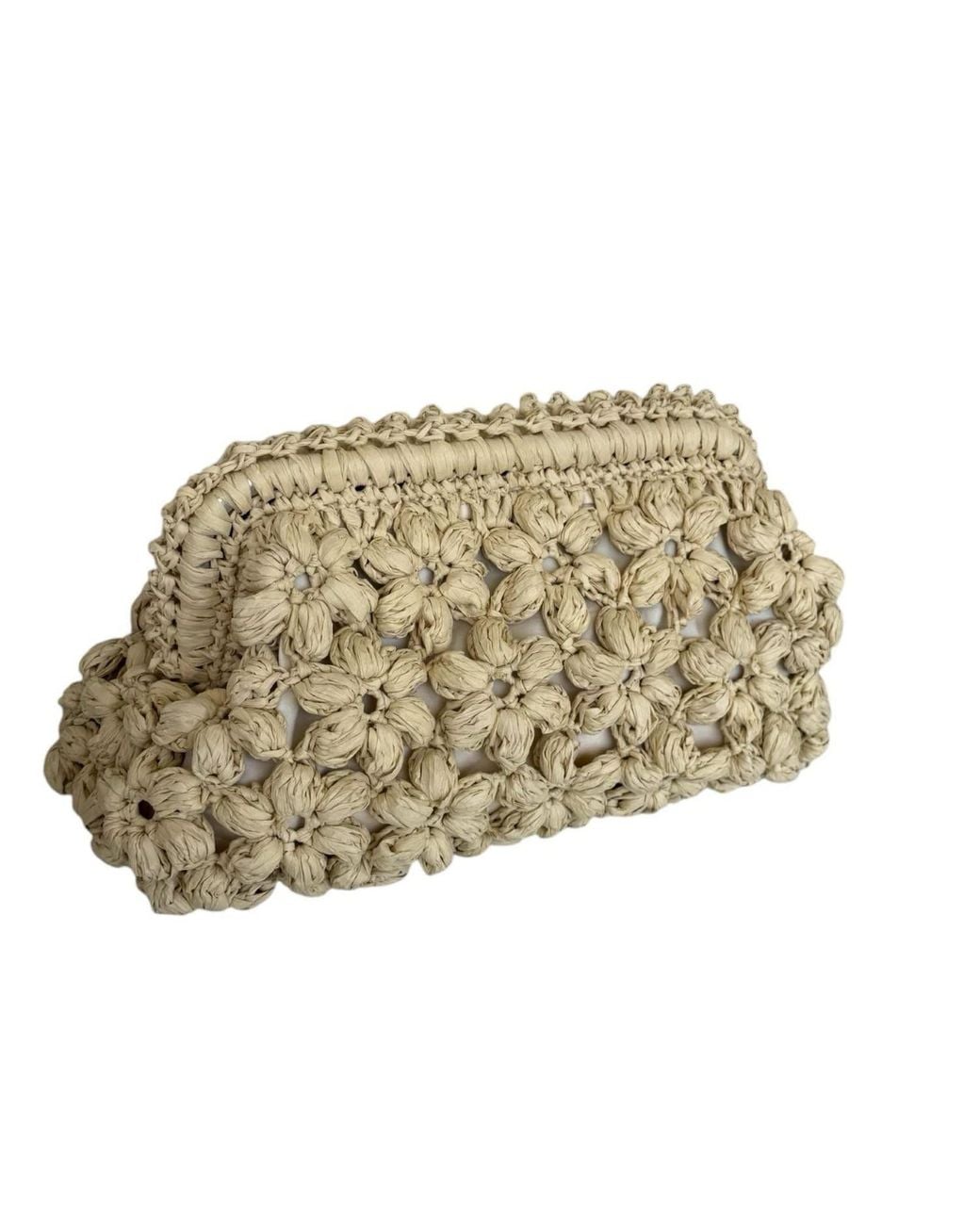 Springmoonatelier Natural Neutrals Handmade Cream Raffia Clutch Bag With Floral Motifs – Elegant Spring And Summer Purse
