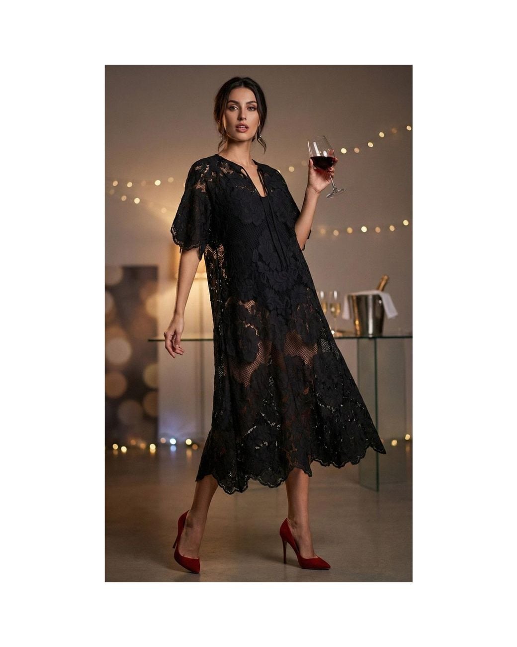 Saachi Black Floral Mesh Lace Kaftan