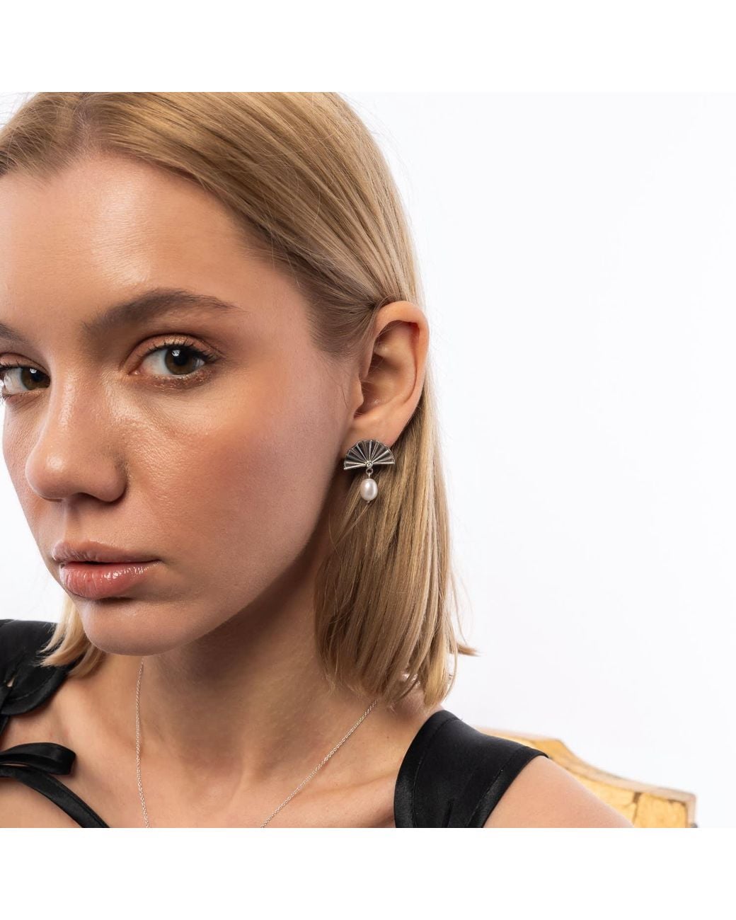 Spero London Metallic Fine Diamond Sterling Pearl Drop Fan Earrings