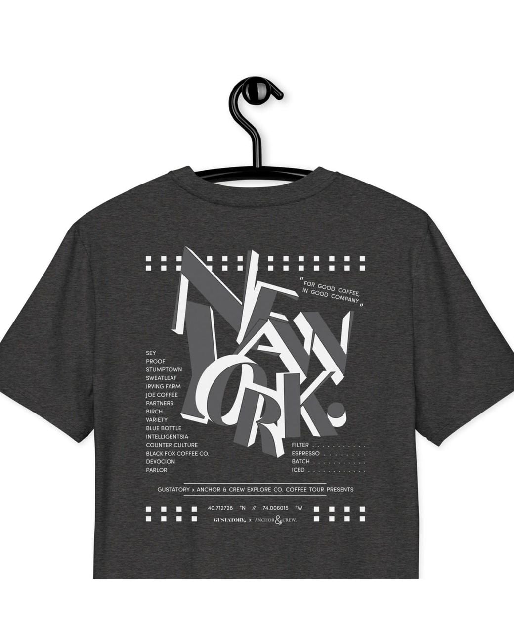 Anchor and Crew Black Heather Gustatory New York Coffee Scene Organic Cotton Embroidered T-Shirt