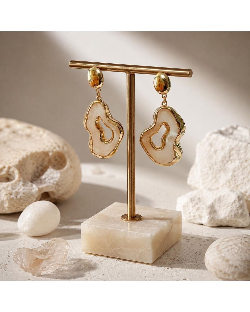 By Ozge Metallic Lunar Veil Mother Of Pearl Inspired Plated Drop Earrings