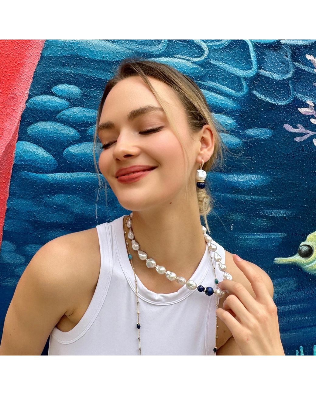 Farra Blue Baroque Pearls With Lapis Chunky Necklace