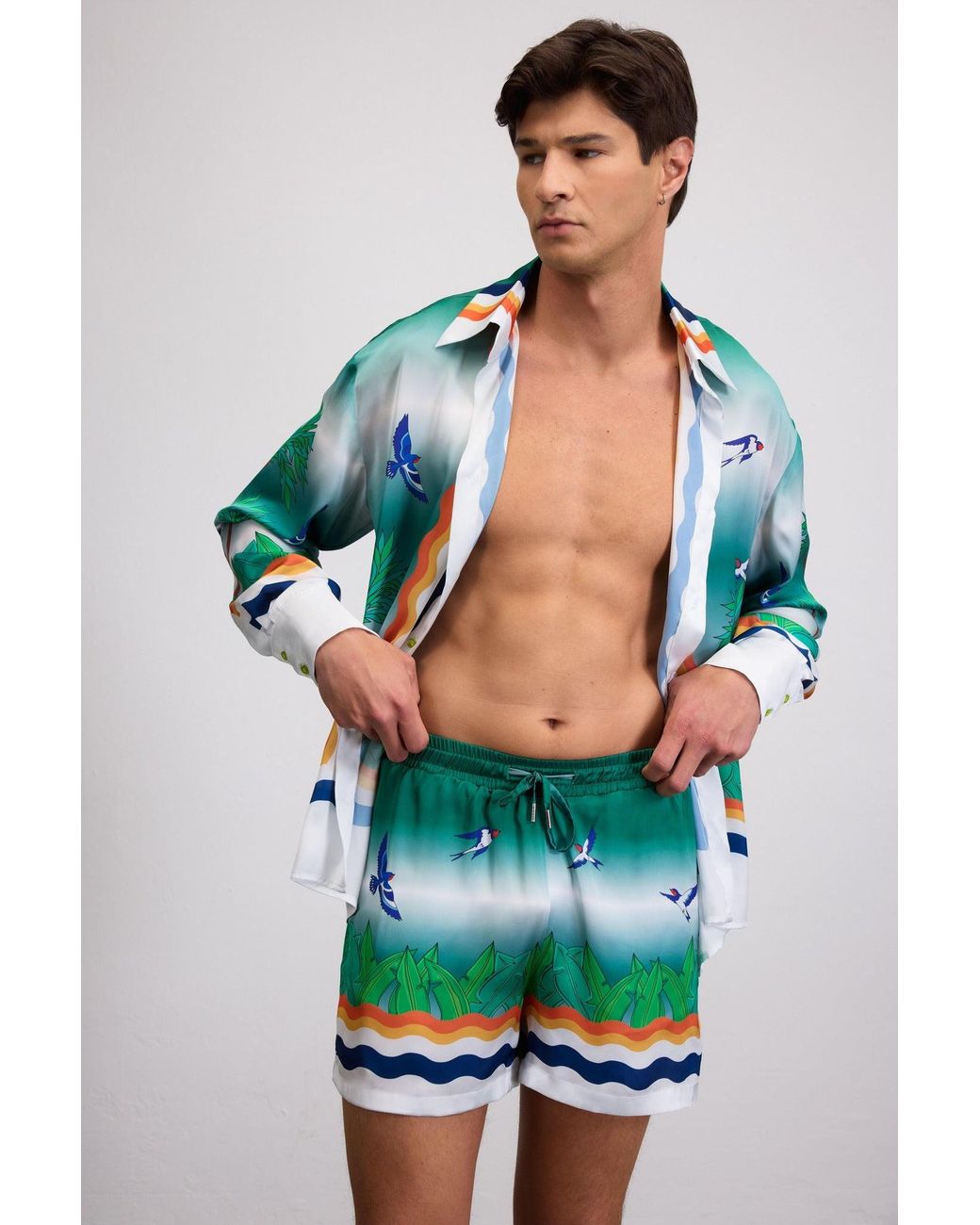 Je Te Veux Green Wave Printed Sail Away Drawstring Shorts for men