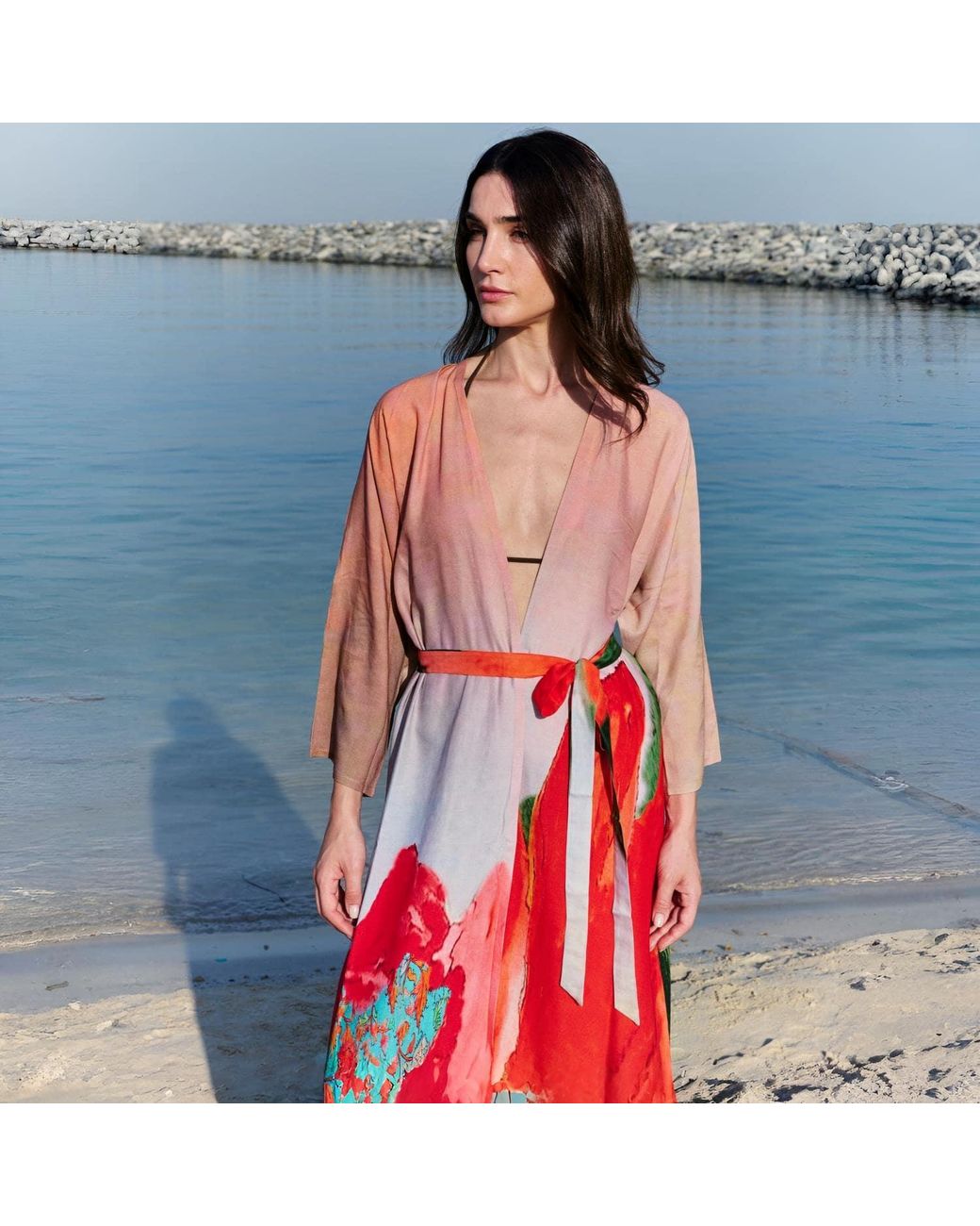 DHARA SHETH DUBAI Red Coral Mirage Floral Long Kimono