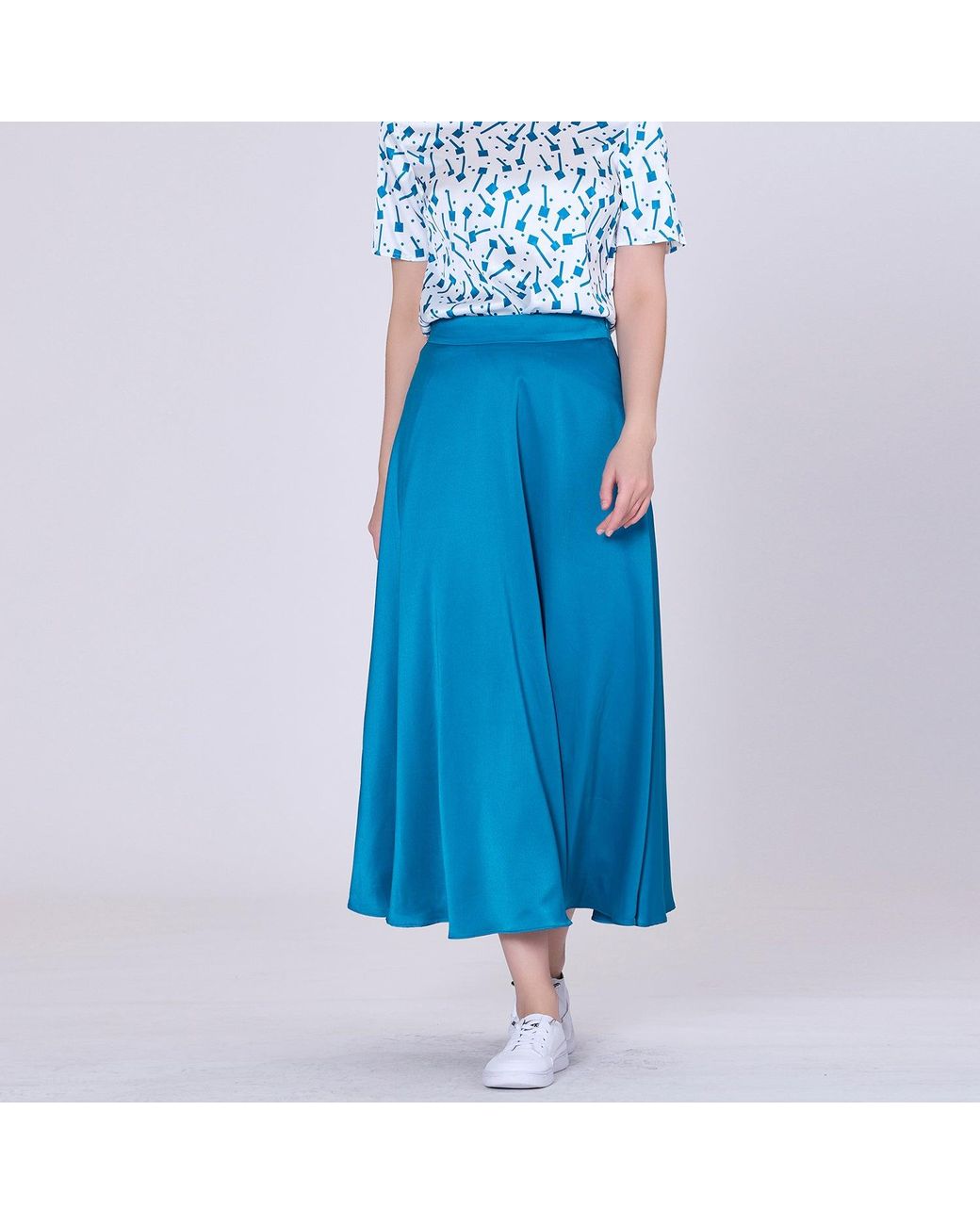 Smart and Joy Blue Flared Midi Satin Skirt