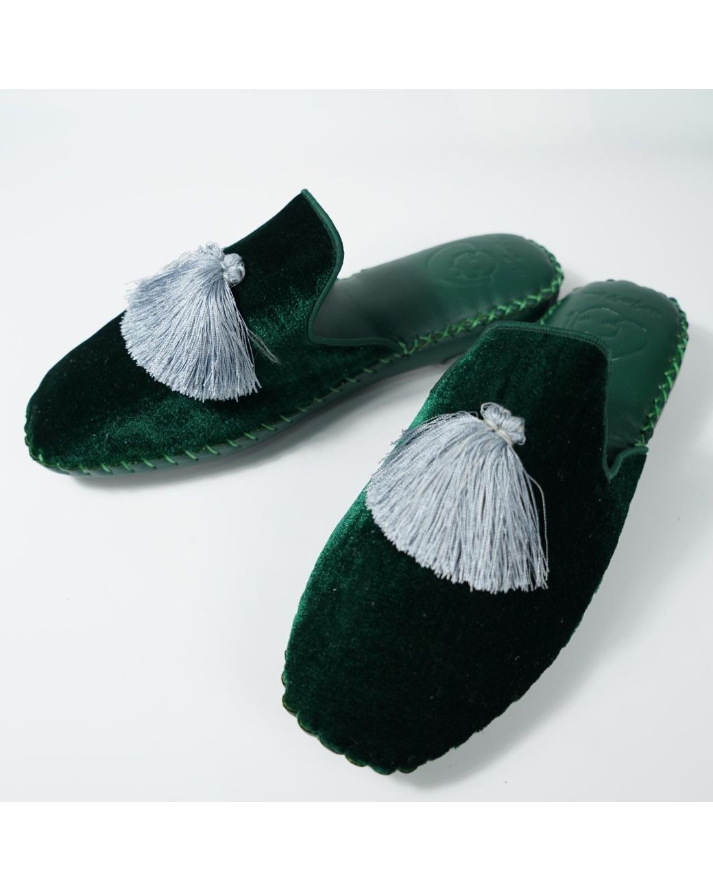 NOT JUST PAJAMA Green Handmade Velvet Slippers for men