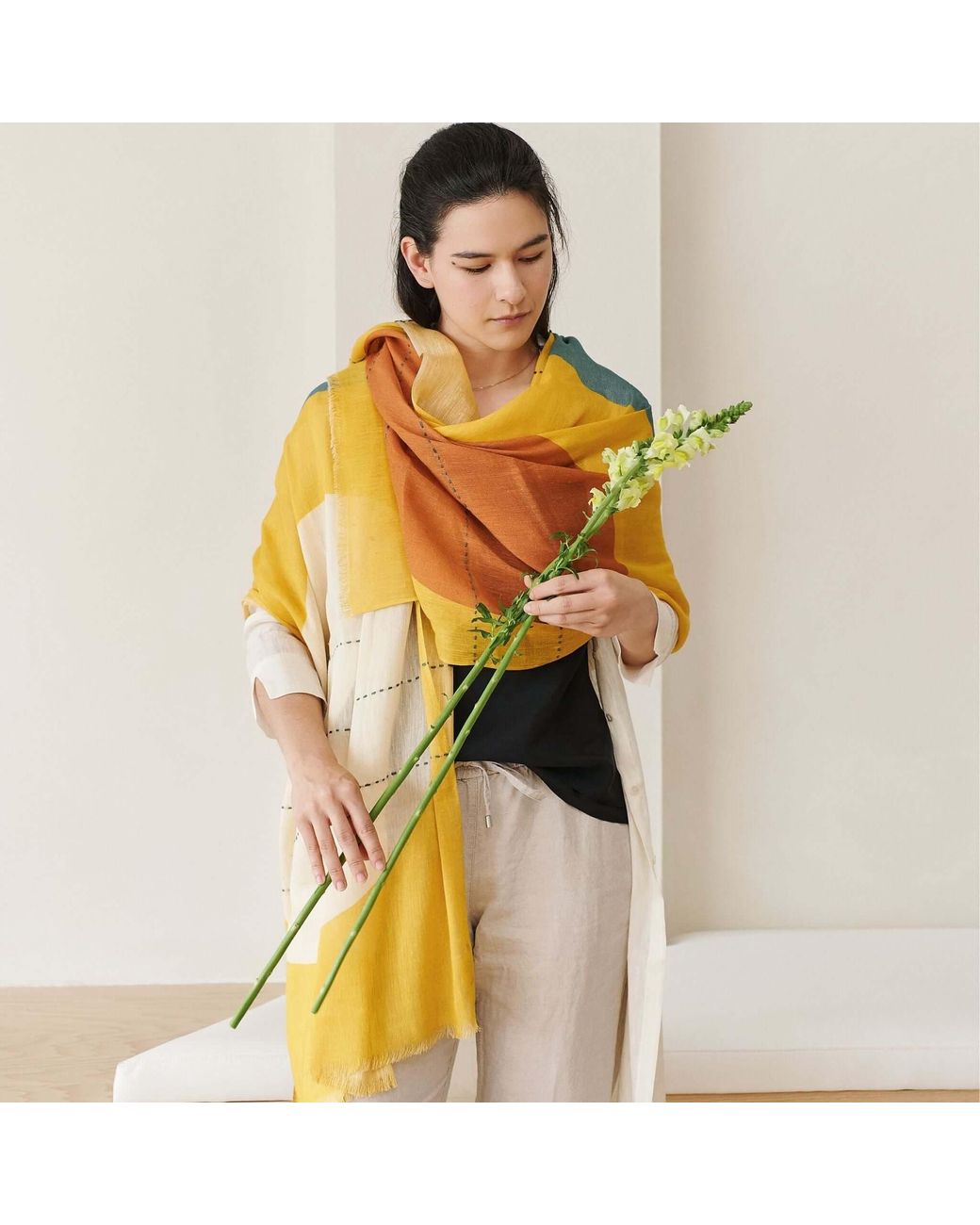 Variously Yellow Cirq Sun Modern Artisan Linen Silk Scarf