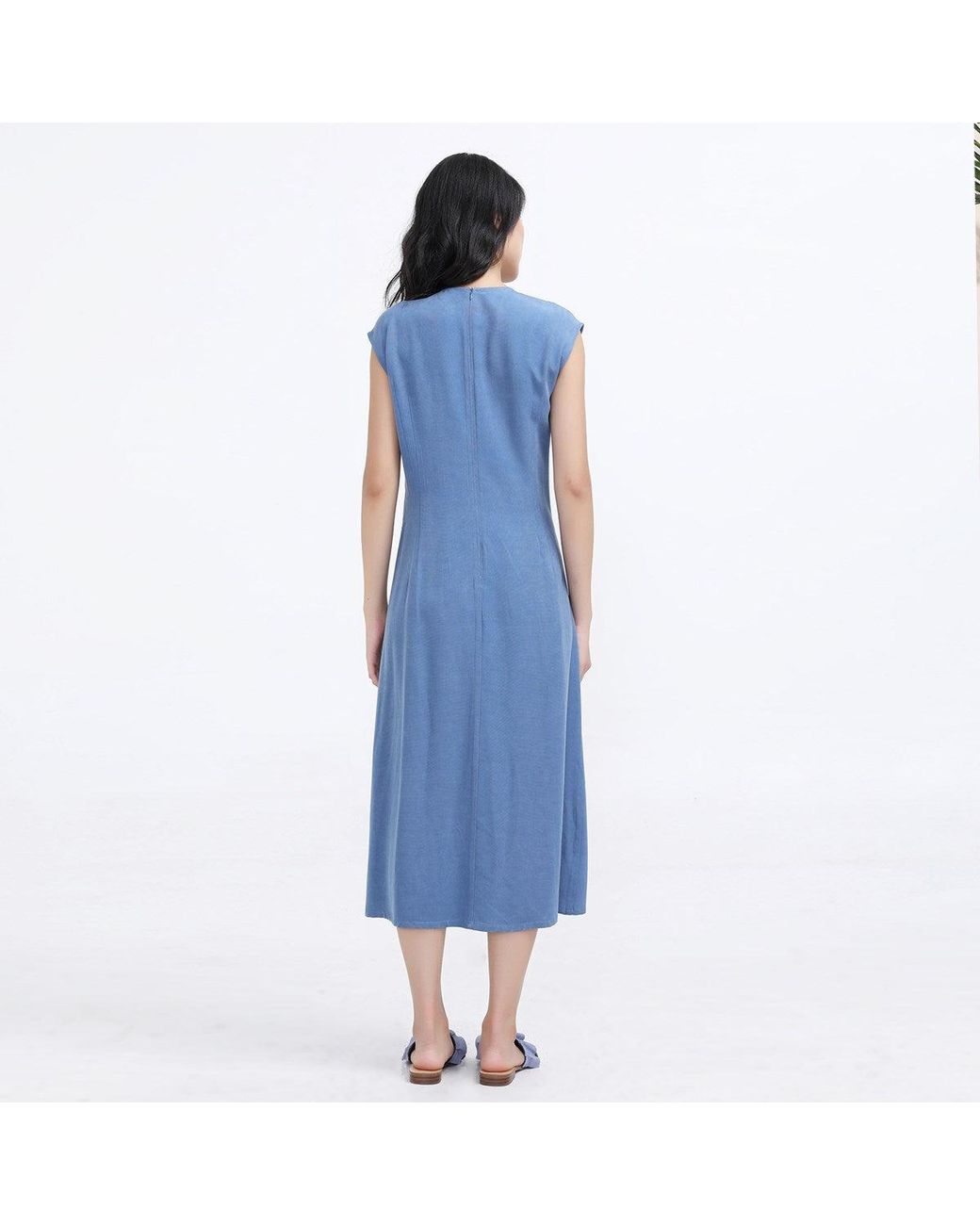 Smart and Joy Blue Cupro Draped Side Tie Midi Dress