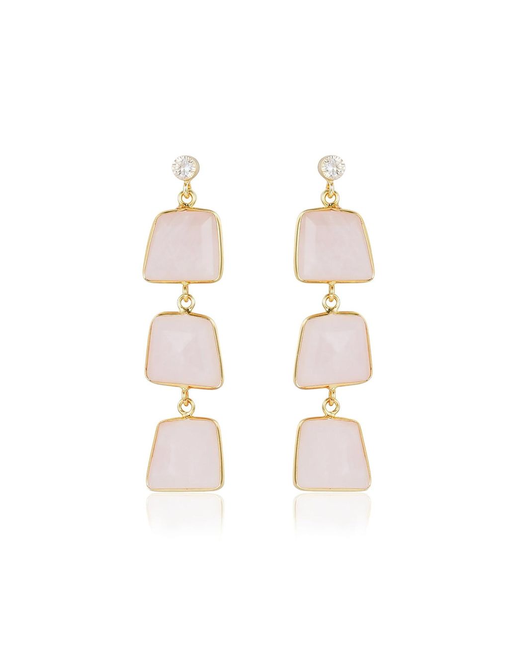Rare Matters Jewelry Metallic Prism Ladder Rose Quartz Triple Drop Earrings