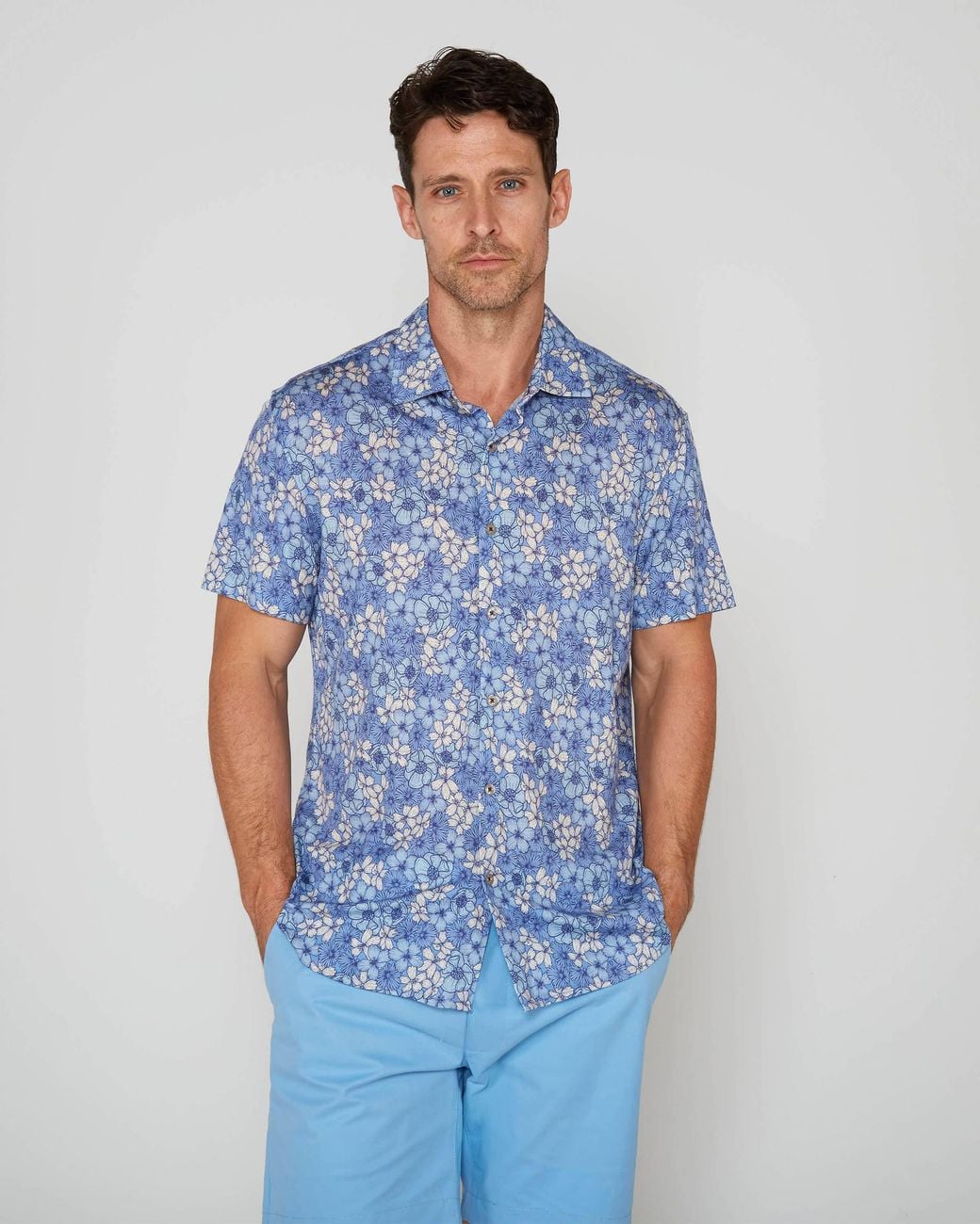 Lords of Harlech Blue Tyler Dense Floral Short Sleeve Shirt for men