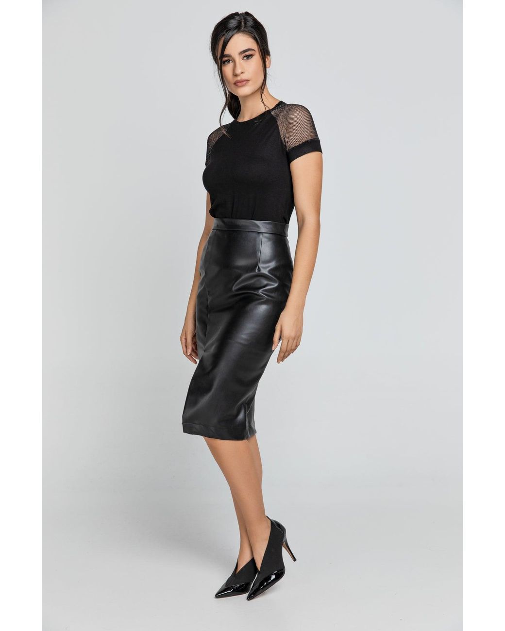 Conquista Black Faux Leather Pencil Skirt By Fashion