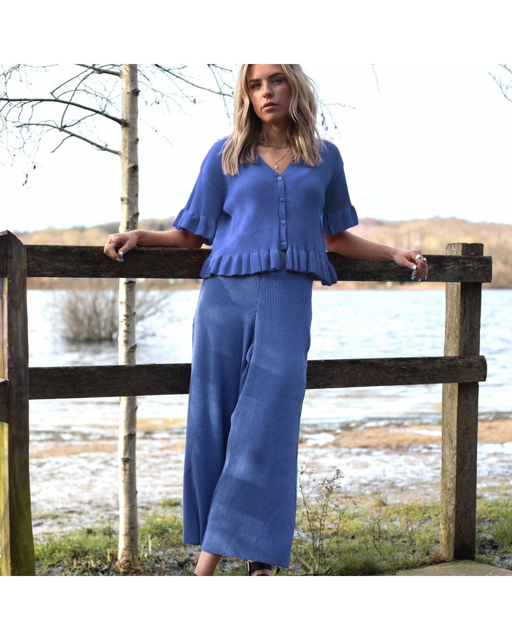 Cara & The Sky Blue Martha Wide Leg Co Ord Knitted Trousers