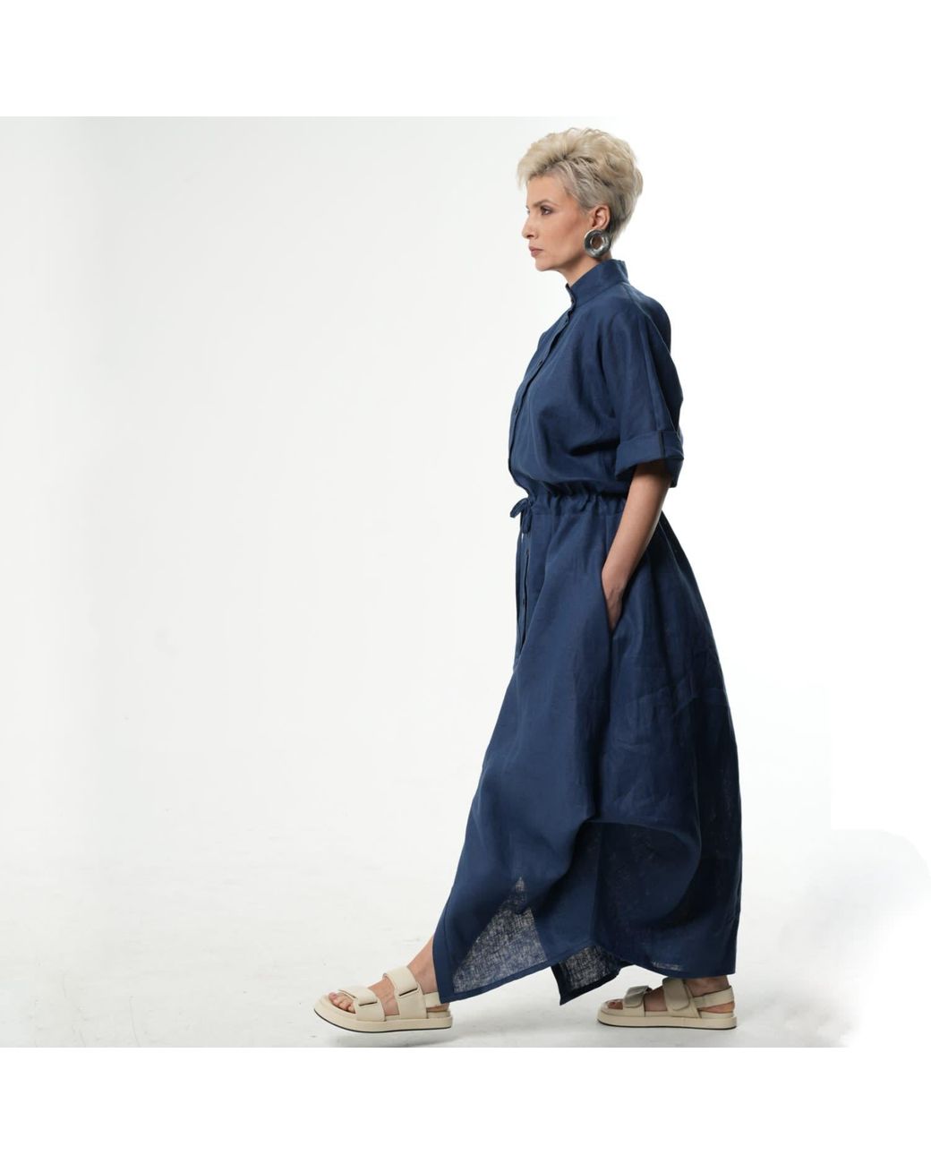 Metamorph Blue Long Linen Shirt Dress