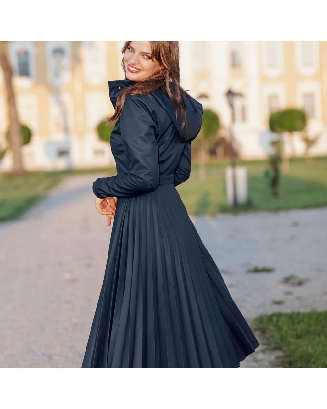 RainSisters Blue Fit & Flare A-Line Coat With Pleated Skirt Serenade
