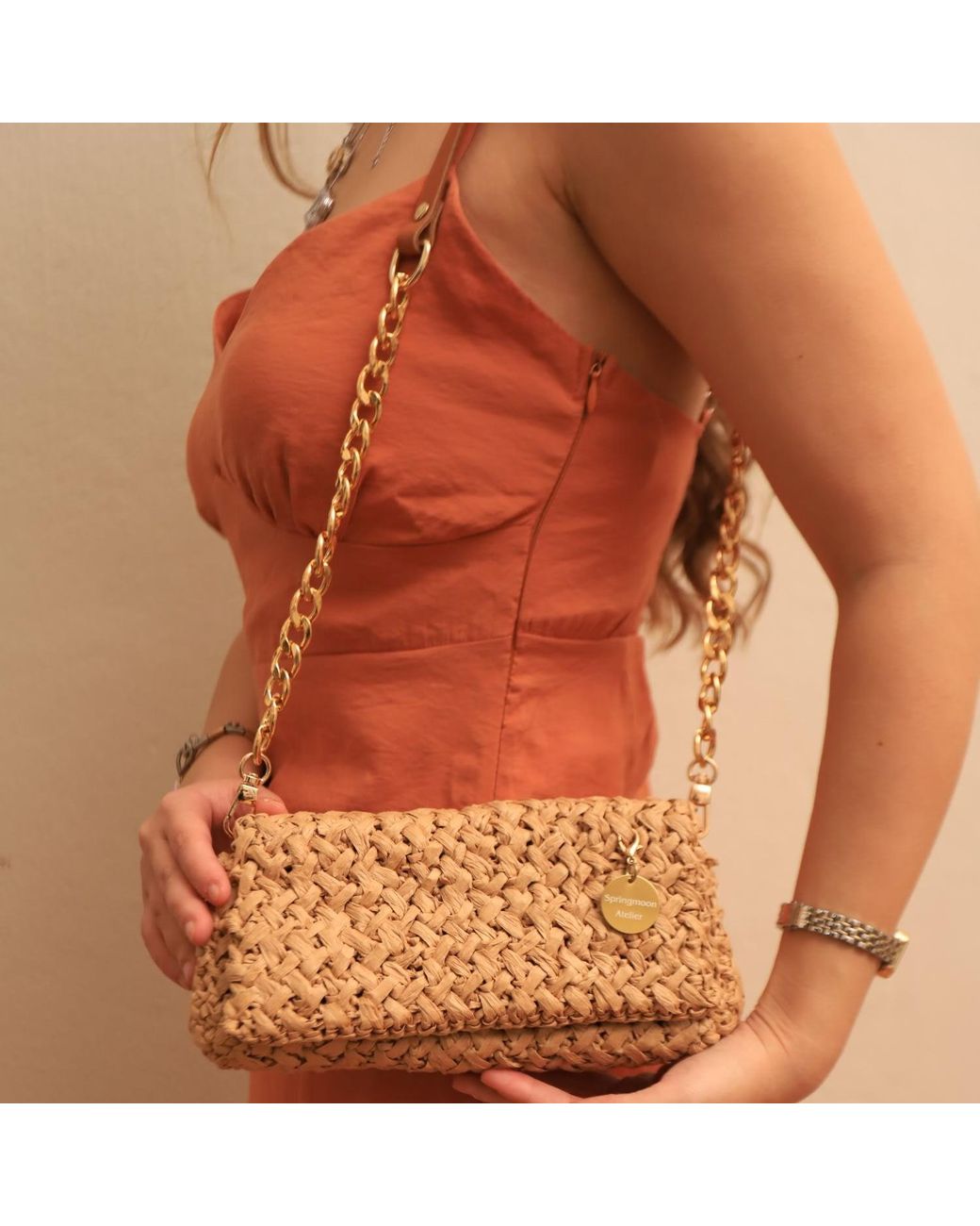 Springmoonatelier Metallic Neutrals Raffia Bag Shoulder Bag
