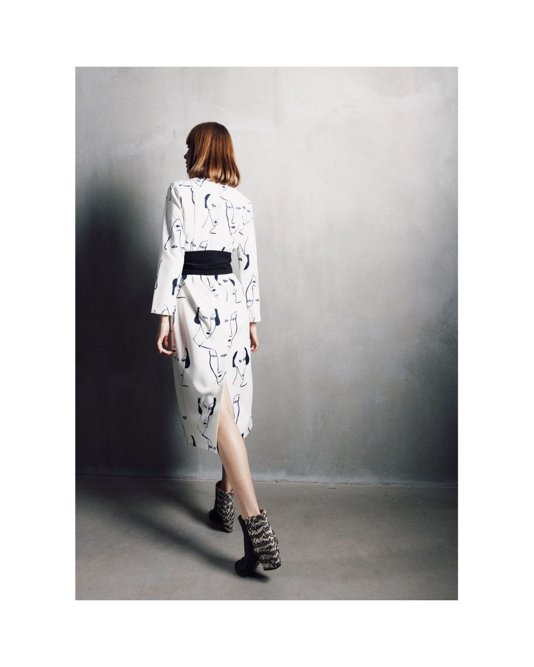 Julia Allert Natural White Designer Fitted Dress With Faces Print