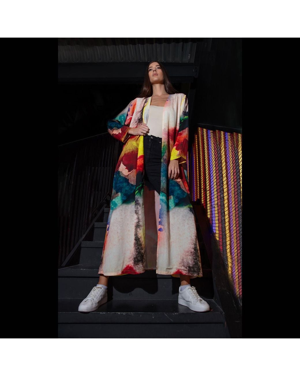 DHARA SHETH DUBAI Yellow Enigma Abstract Multicolour Printed Long Kimono