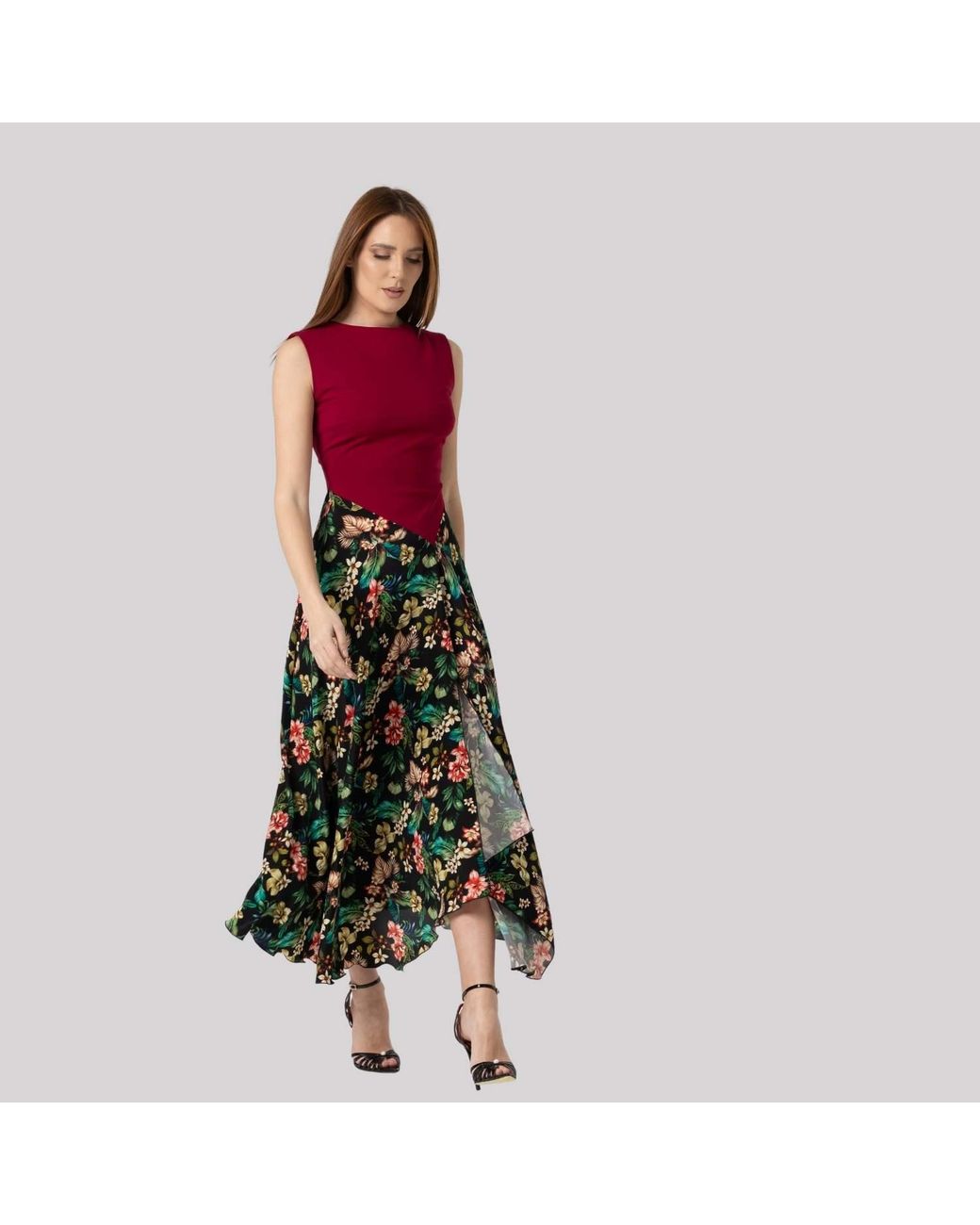 IZABELA MANDOIU Purple Two-Tone Burgundy Jersey Top Floral Midi Dress