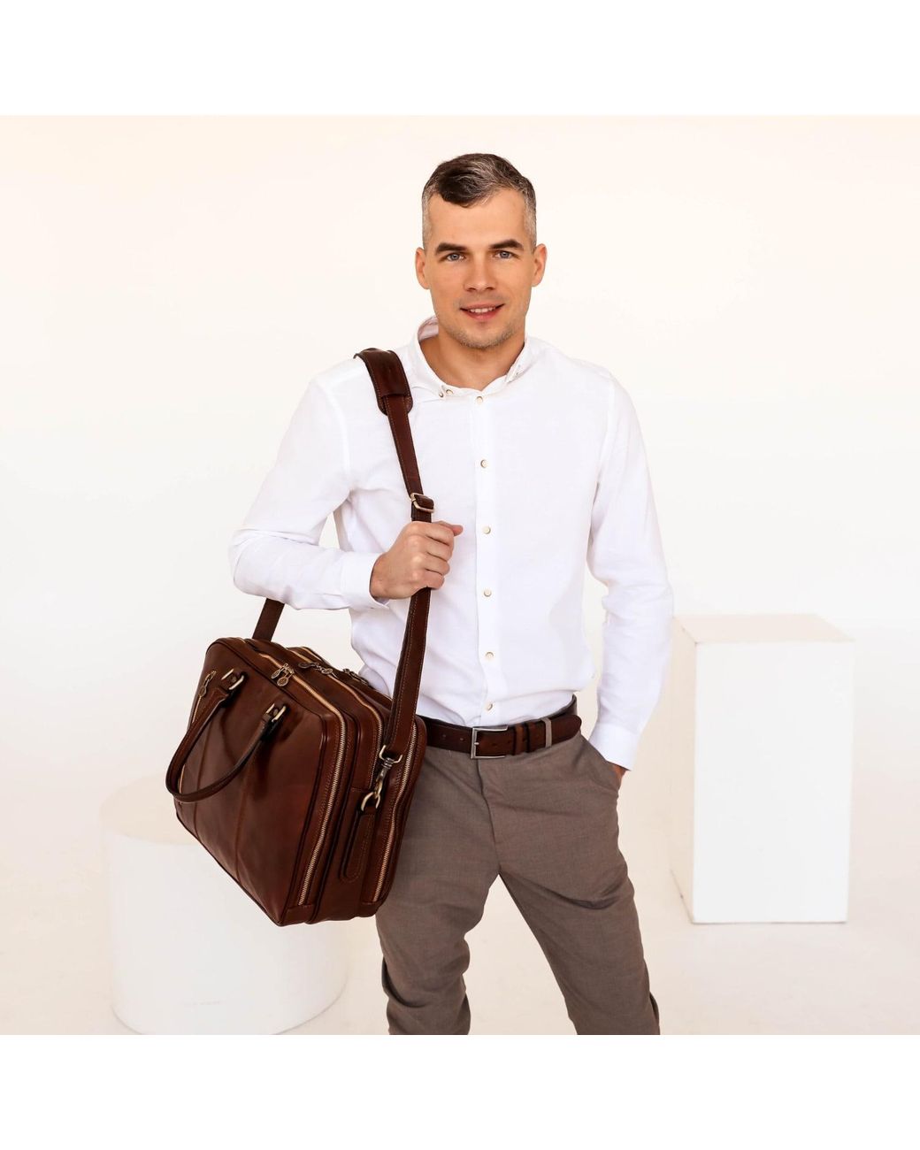 Time Resistance Brown Leather Convertible Briefcase Backpack for men