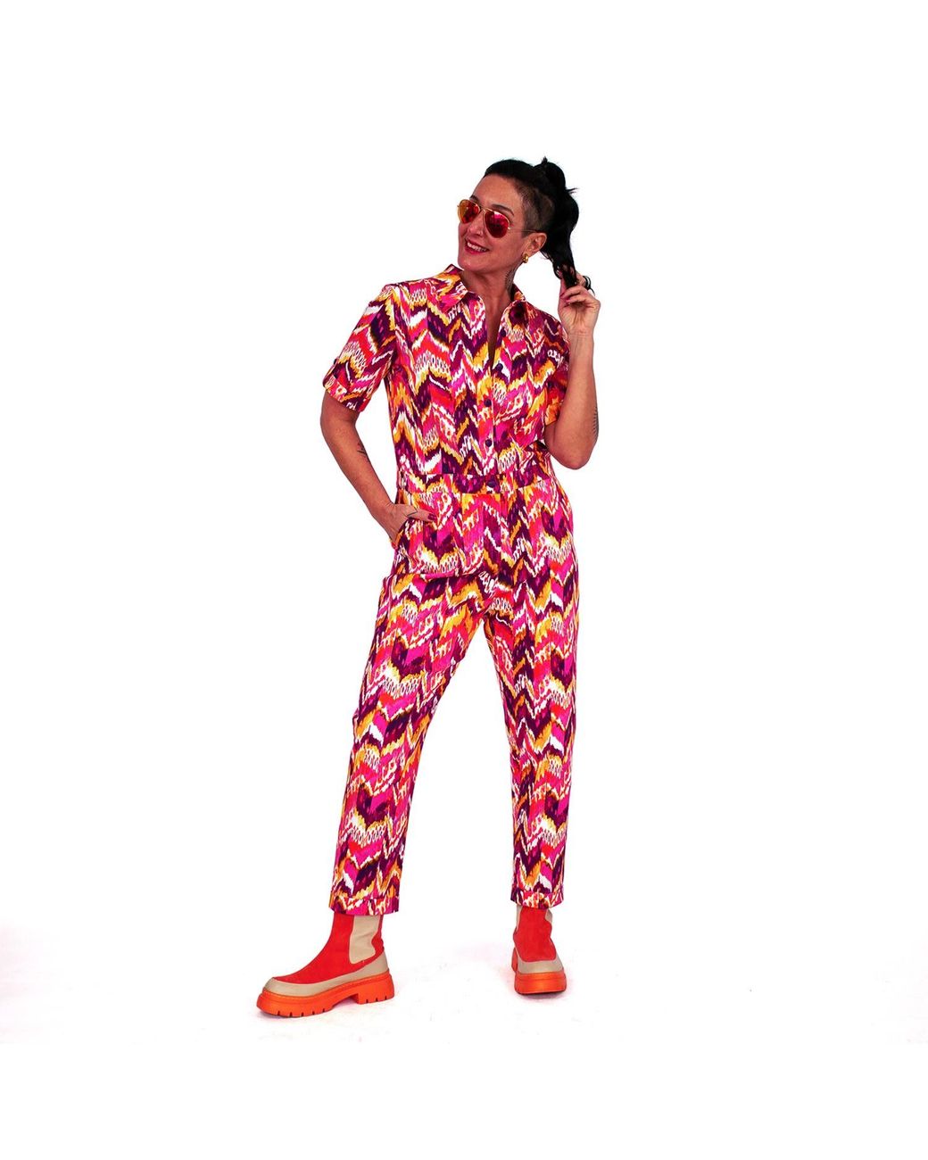 Lalipop Design Red Cotton Jumpsuit With Colorful Zigzag Print