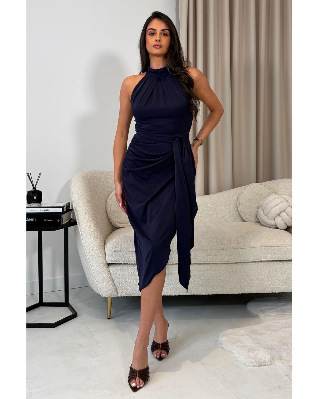 Girl In Mind Blue Priya Tie Waist Halter Neck Midi Dress