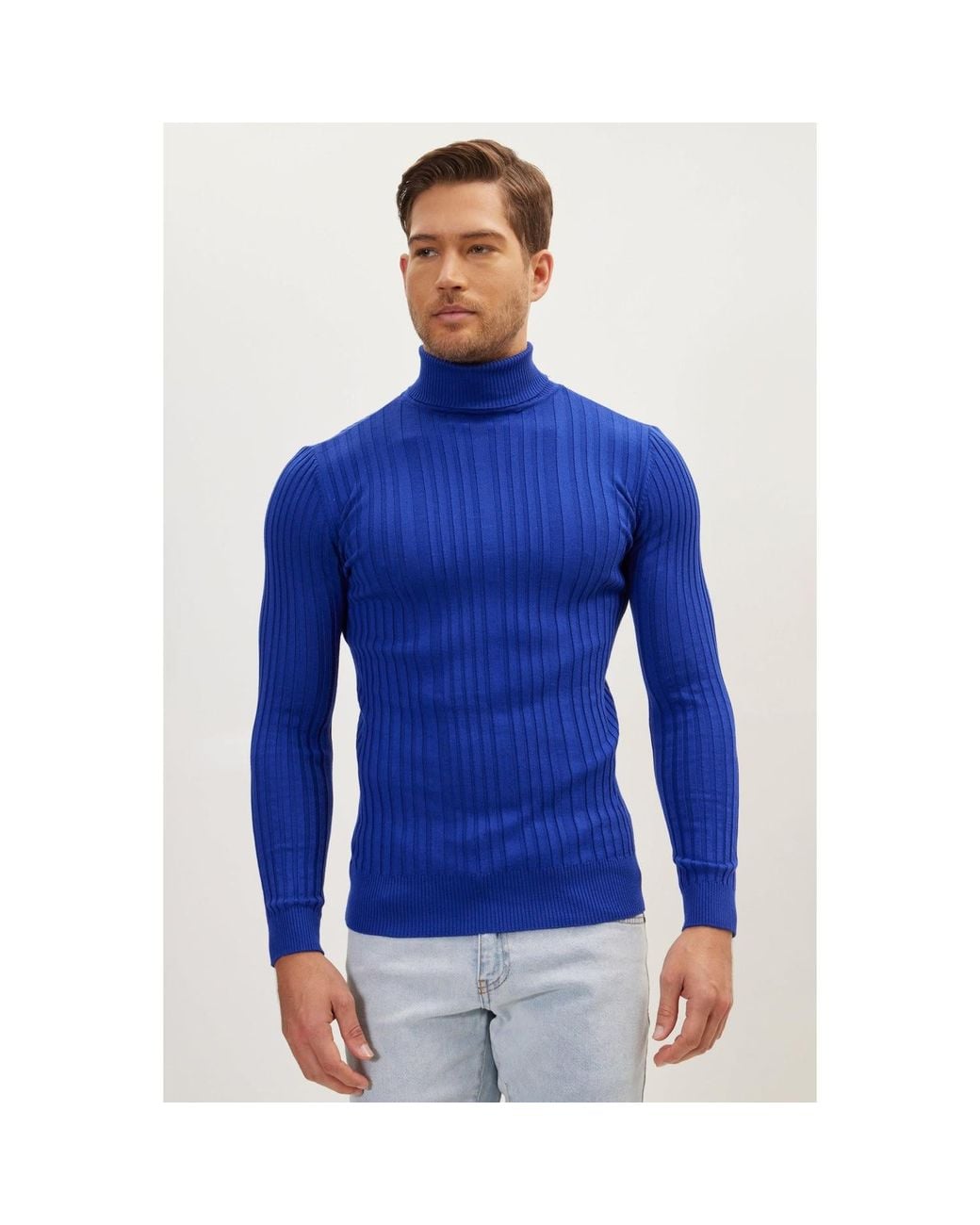 Ron Tomson Blue Roll Neck Ribbed Sweater for men