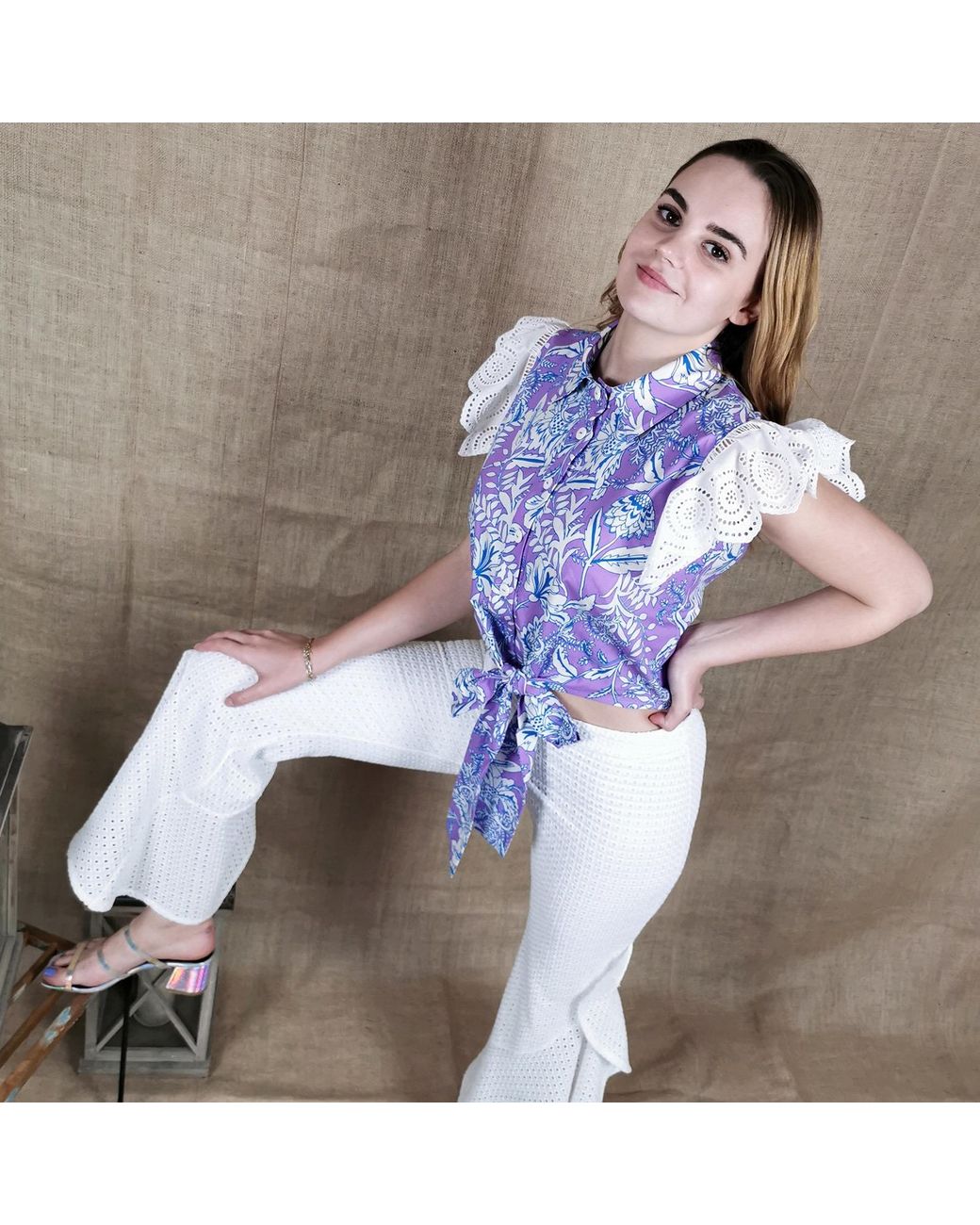 Lalipop Design Blue Cotton Shirt With Ruffled Embroidered Sleeves