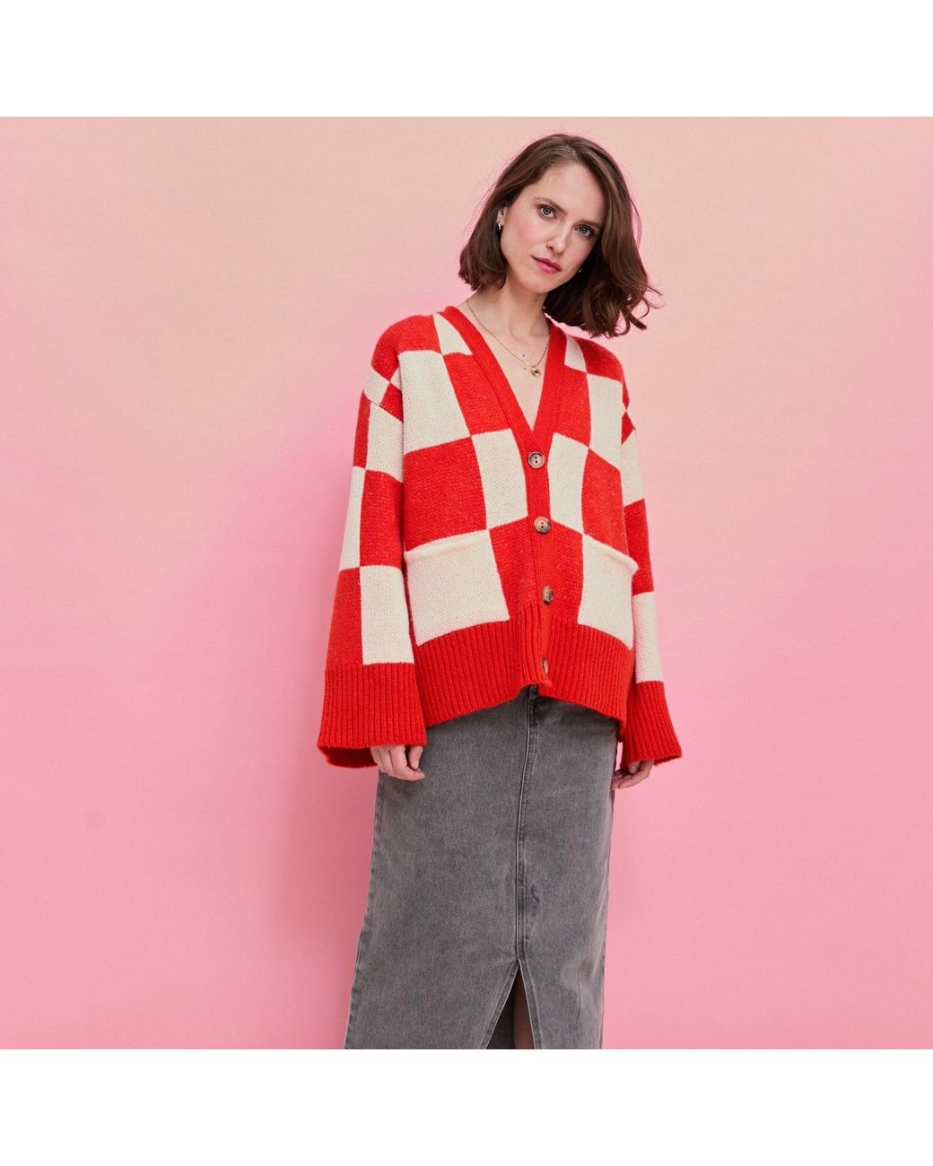 Cara & The Sky Red Candice Checked Wide Sleeve Cardigan