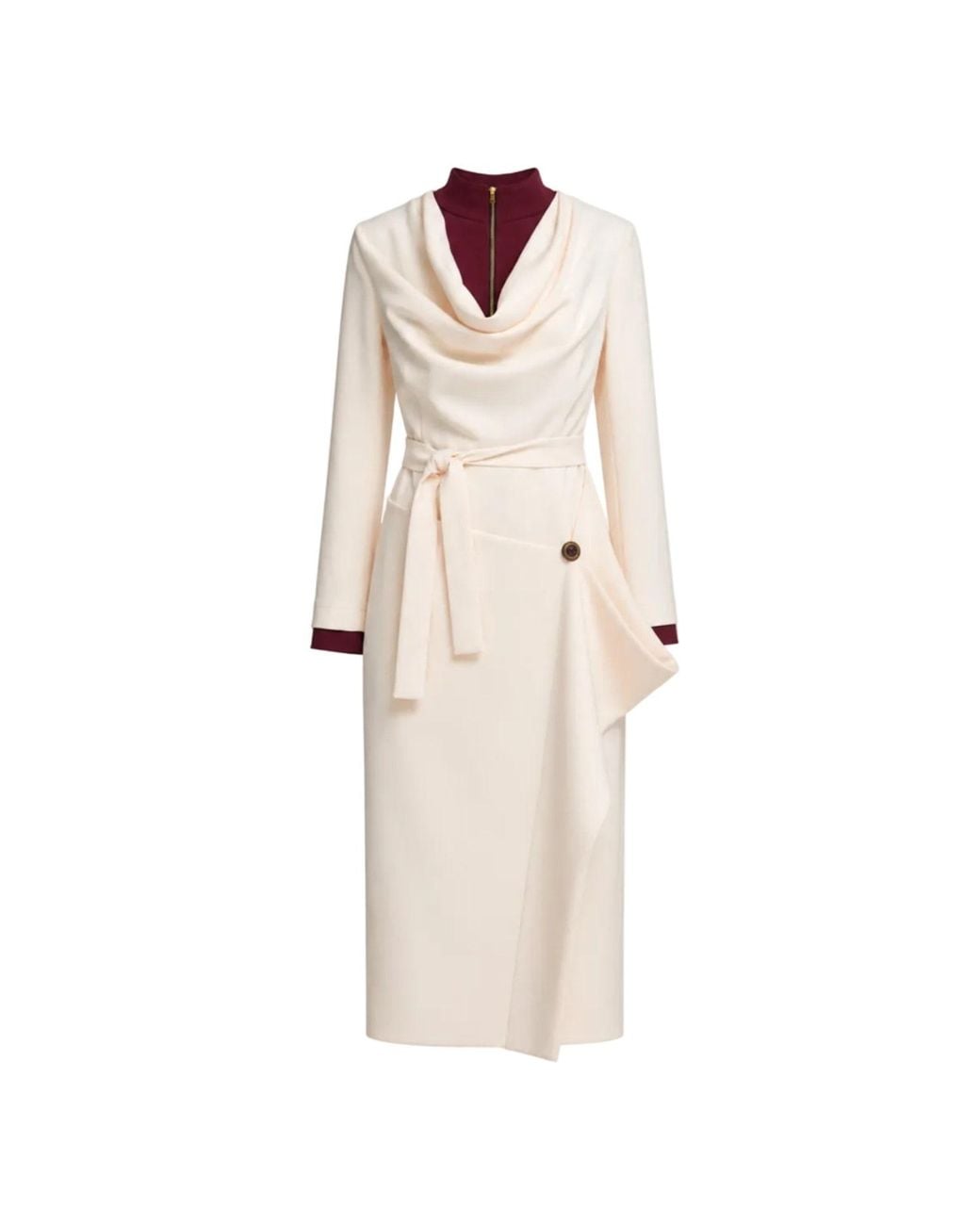 Julia Allert Natural Neutrals Two-Tone Asymmetric Draped High-Neck Midi Dress – Ivory