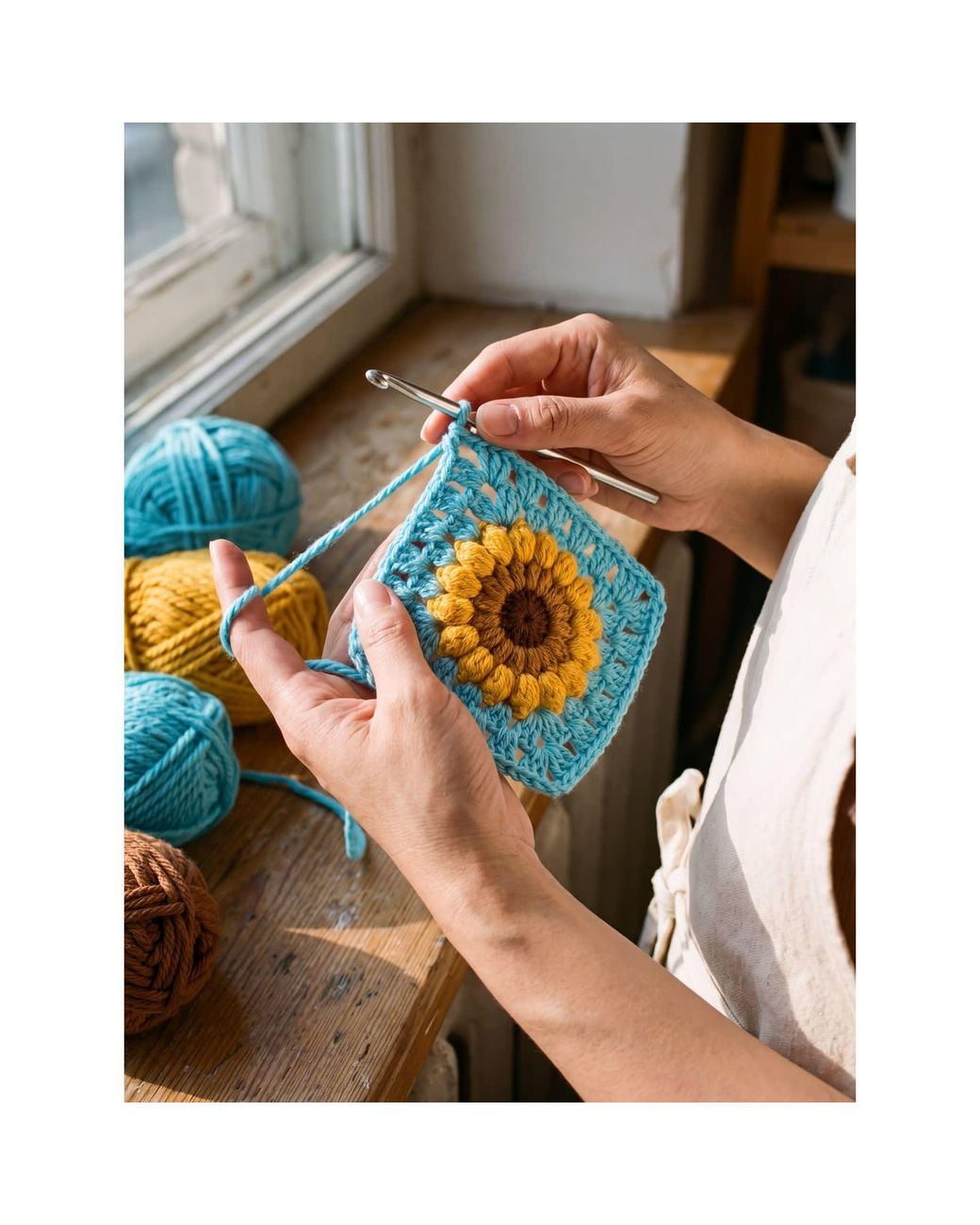Ana Chic Blue Sunflower Granny Square Handmade Crochet Cardigan