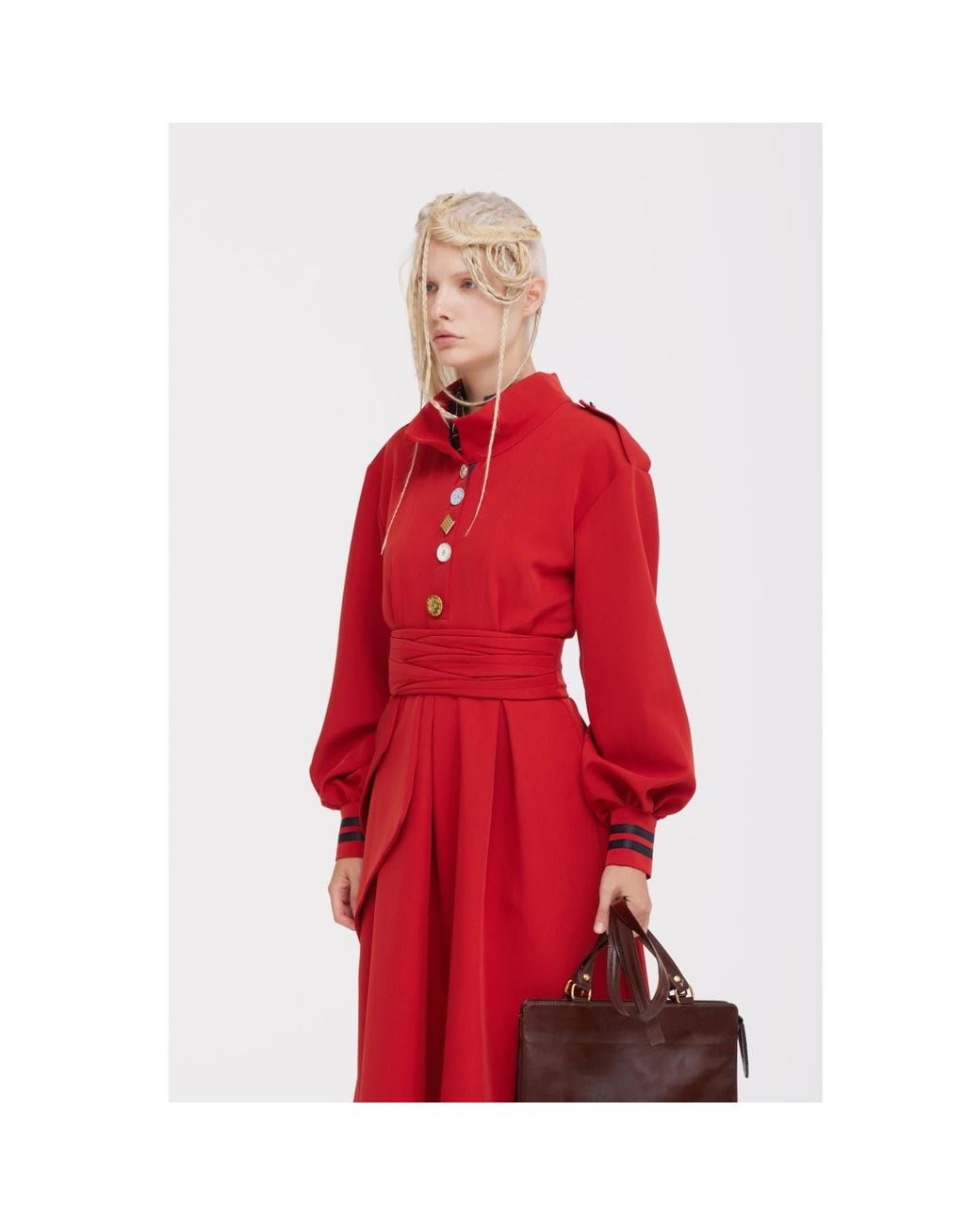 Julia Allert Red Double-Collar Belted A-Line Midi Dress –